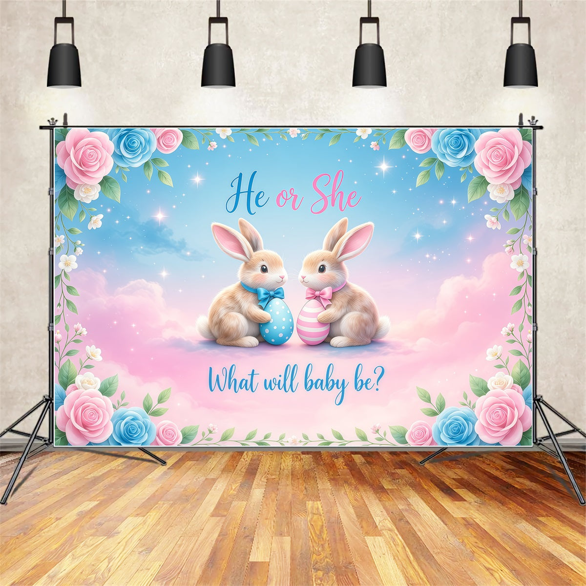 Easter Gender Reveal Backdrop Bunny He Or She Flower Photography Backdrops Easter LXX62-76