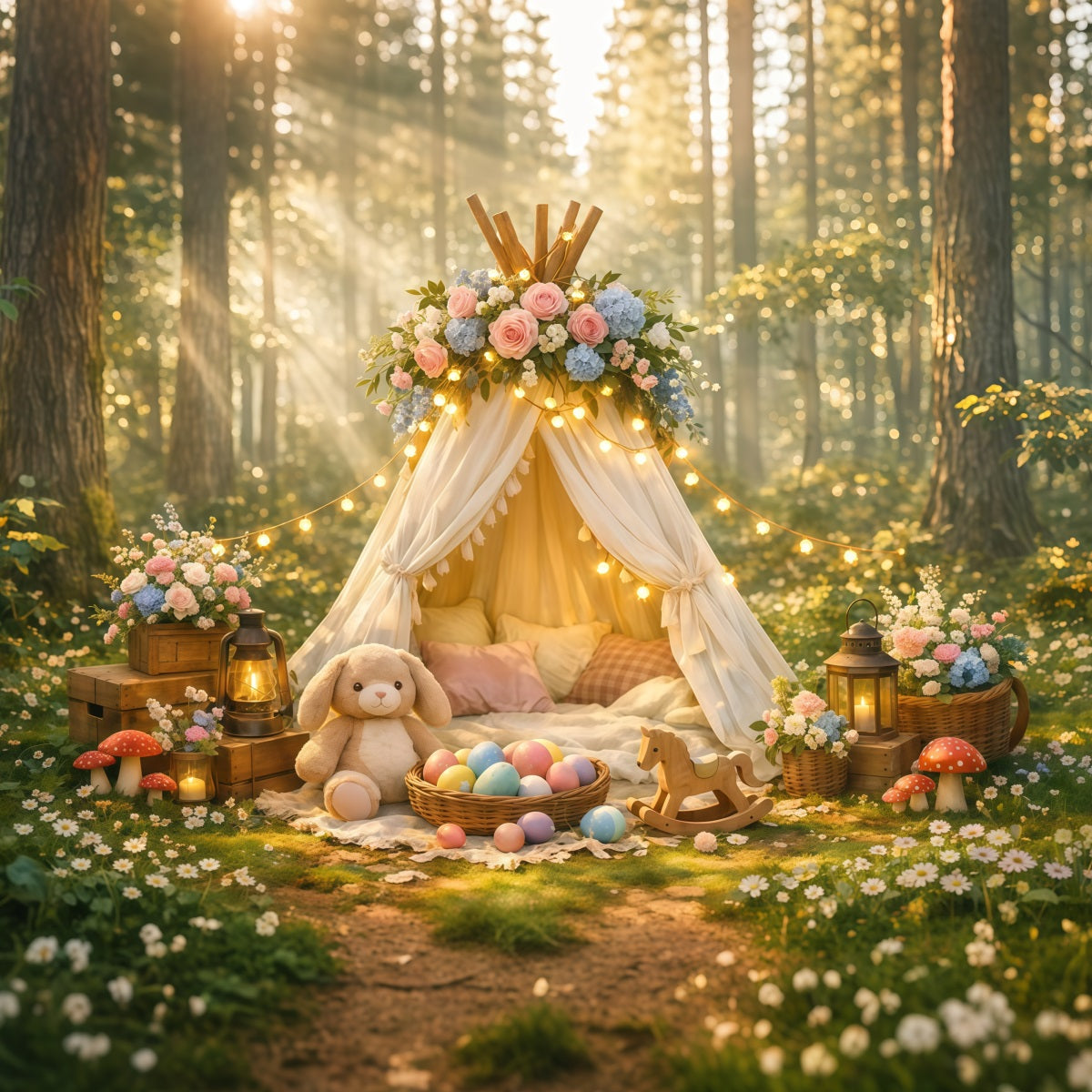 Baby Easter Backdrop Enchanted Forest Floral Teepee Easter Party Backdrop LXX62-77