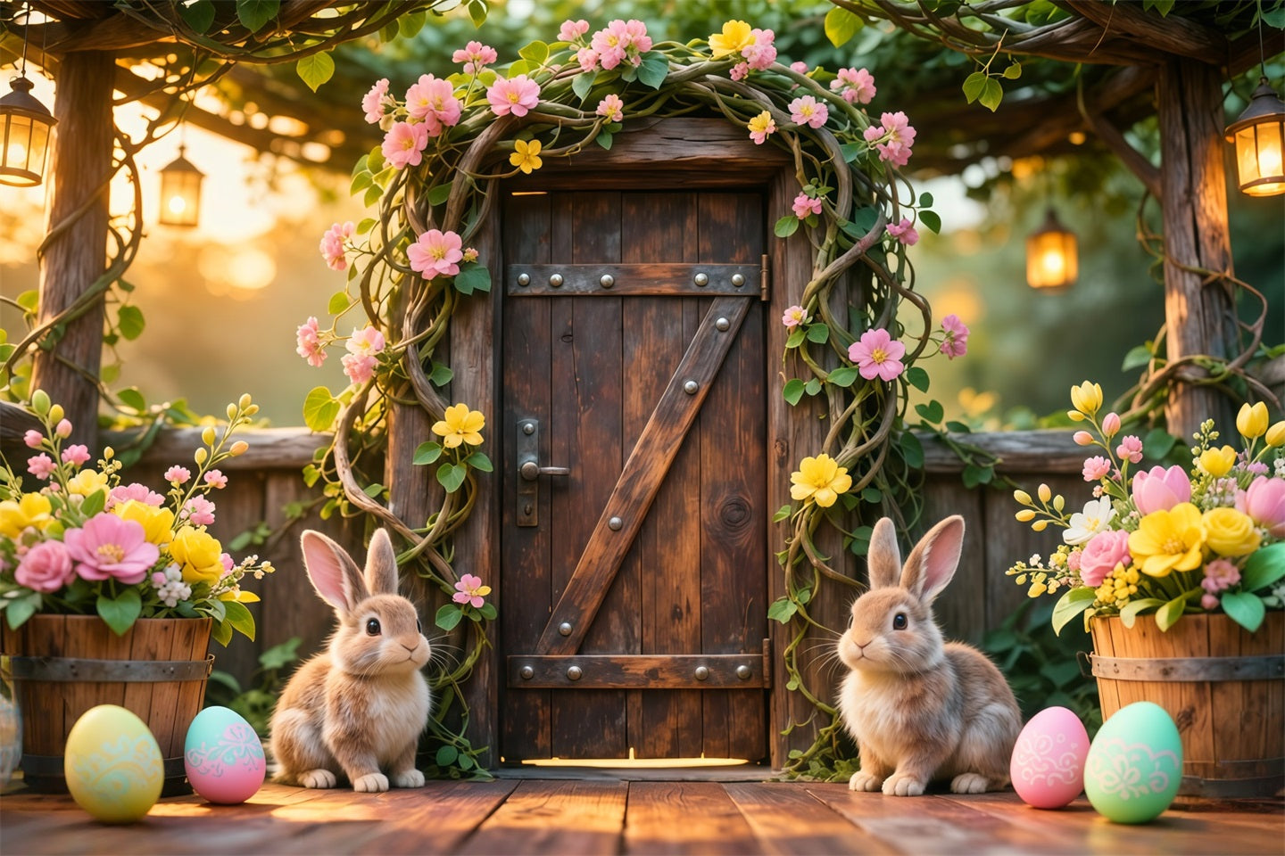 Bunny Backdrop Ideas Rustic Garden Wooden Door Flower 10x10 Easter Backdrops LXX62-78