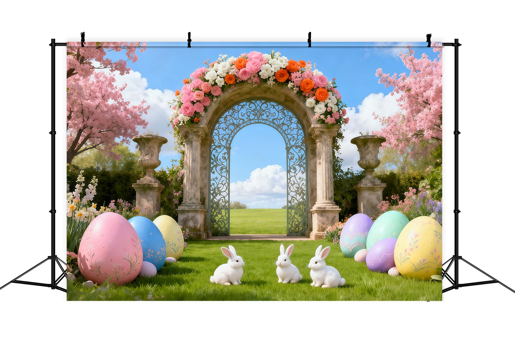 Photography Easter Bunny Backdrop Cherry Blossom Garden Archway Easter Theme Backdrop LXX62-81