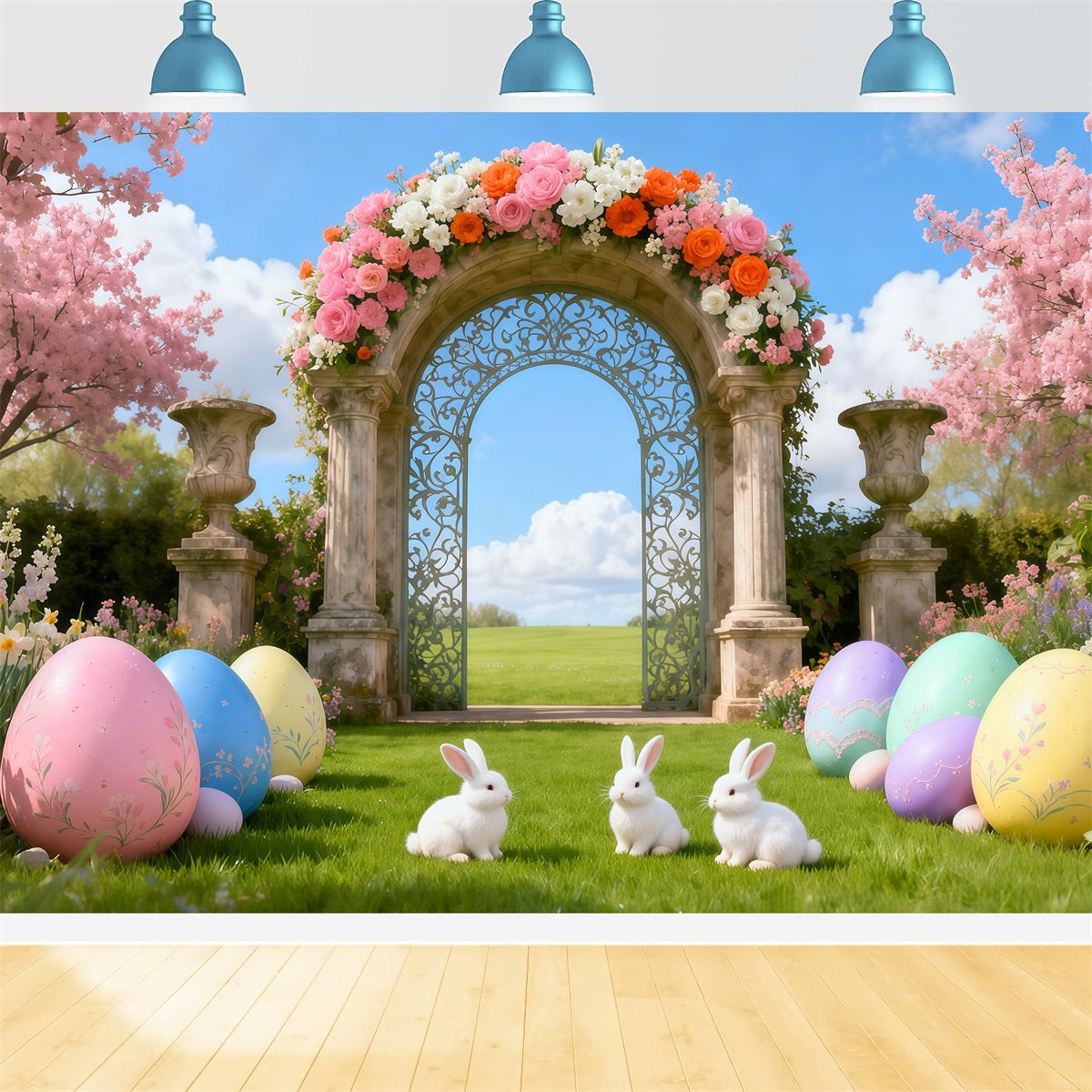 Photography Easter Bunny Backdrop Cherry Blossom Garden Archway Easter Theme Backdrop LXX62-81