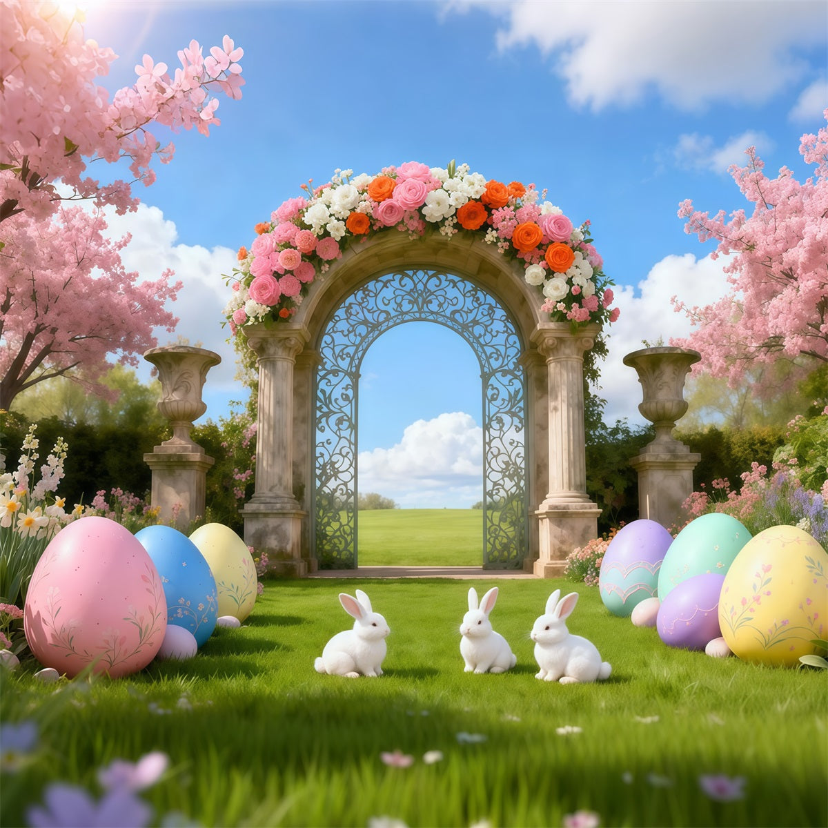 Photography Easter Bunny Backdrop Cherry Blossom Garden Archway Easter Theme Backdrop LXX62-81