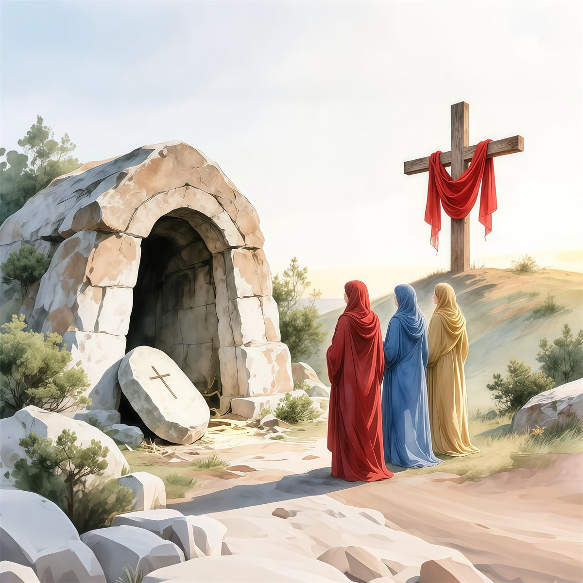 Religious Easter Photo Backdrop Resurrection Cross Empty Tomb Photography Easter Backdrops LXX62-83