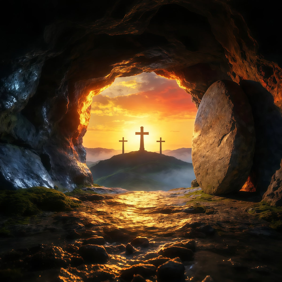 Easter Tomb Backdrops Sunrise Empty Cave Three Crosses Easter Backdrops Ideas LXX62-85