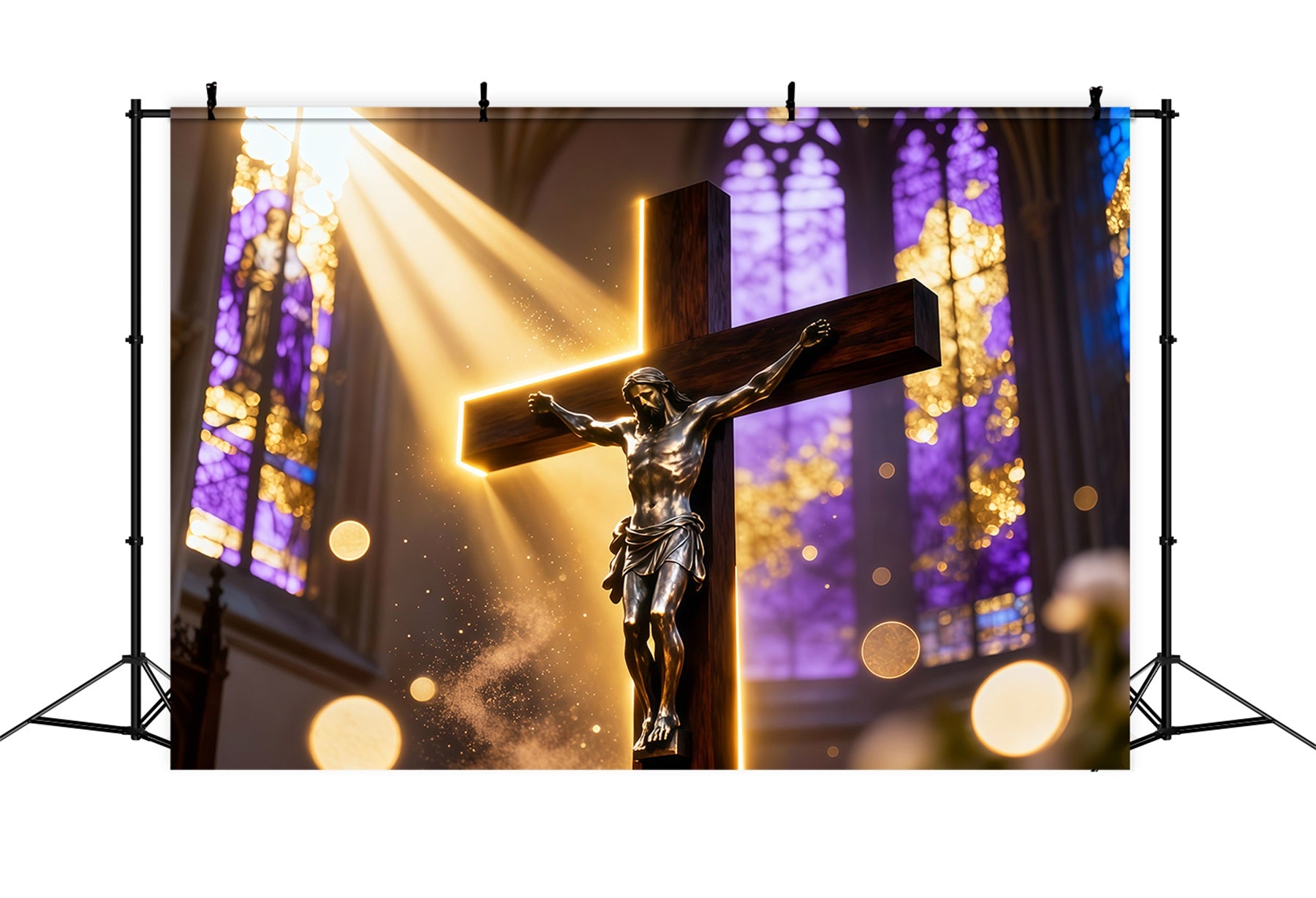 Christian Easter Photo Backdrops Golden Light Cathedral Crucifix Photo Shoot Easter Backdrop LXX62-86