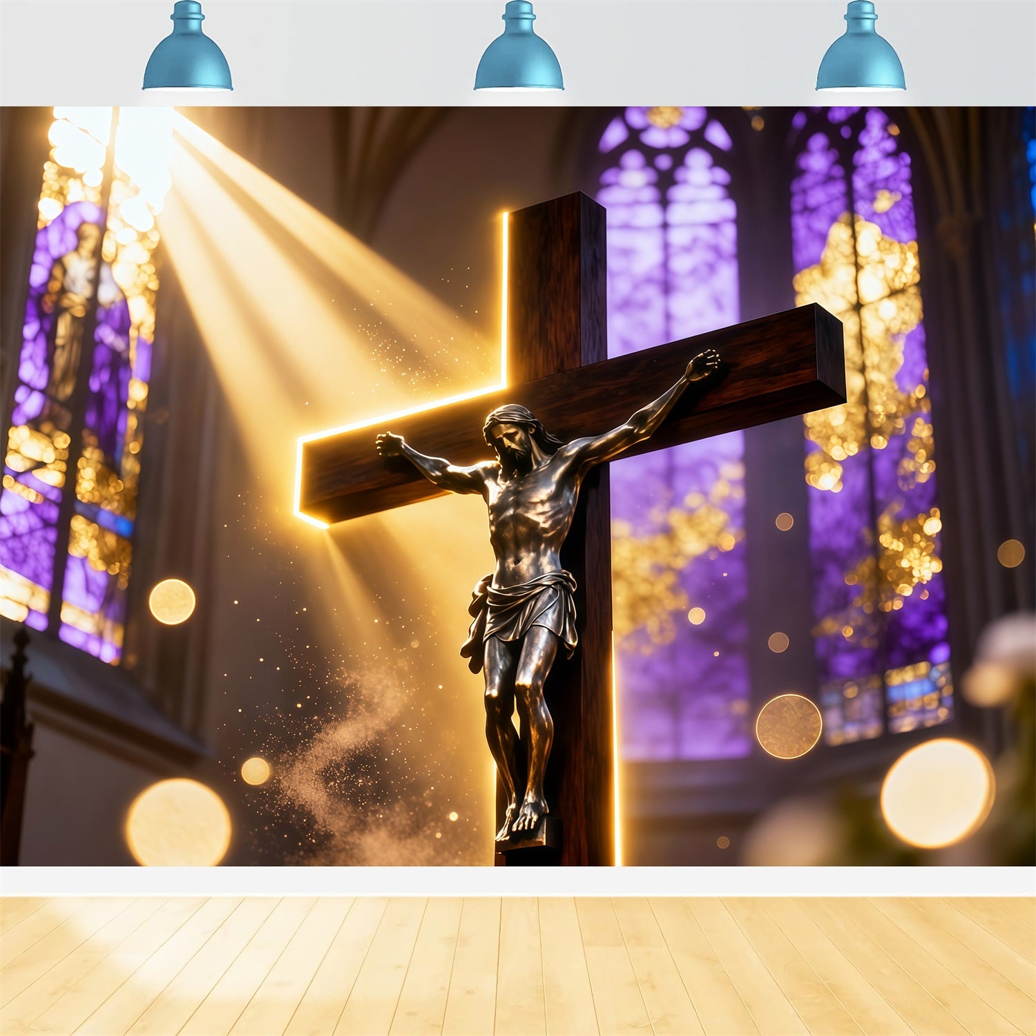 Christian Easter Photo Backdrops Golden Light Cathedral Crucifix Photo Shoot Easter Backdrop LXX62-86