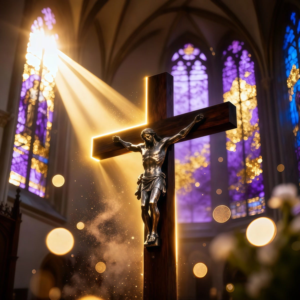 Christian Easter Photo Backdrops Golden Light Cathedral Crucifix Photo Shoot Easter Backdrop LXX62-86