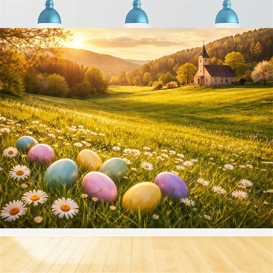 Egg Backdrop Golden Sunrise Daisy Meadow Church Outdoor Easter Backdrops LXX62-89