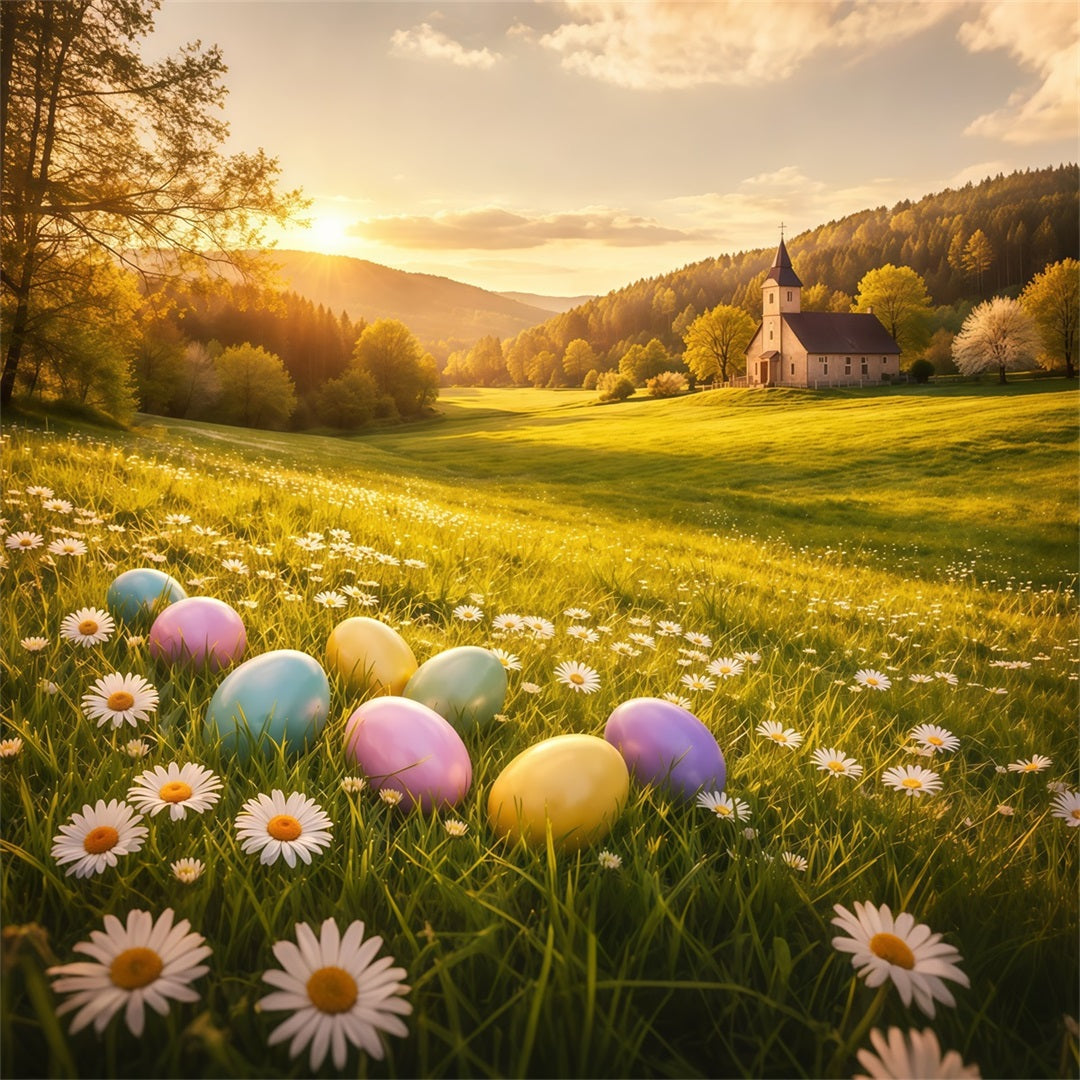 Egg Backdrop Golden Sunrise Daisy Meadow Church Outdoor Easter Backdrops LXX62-89