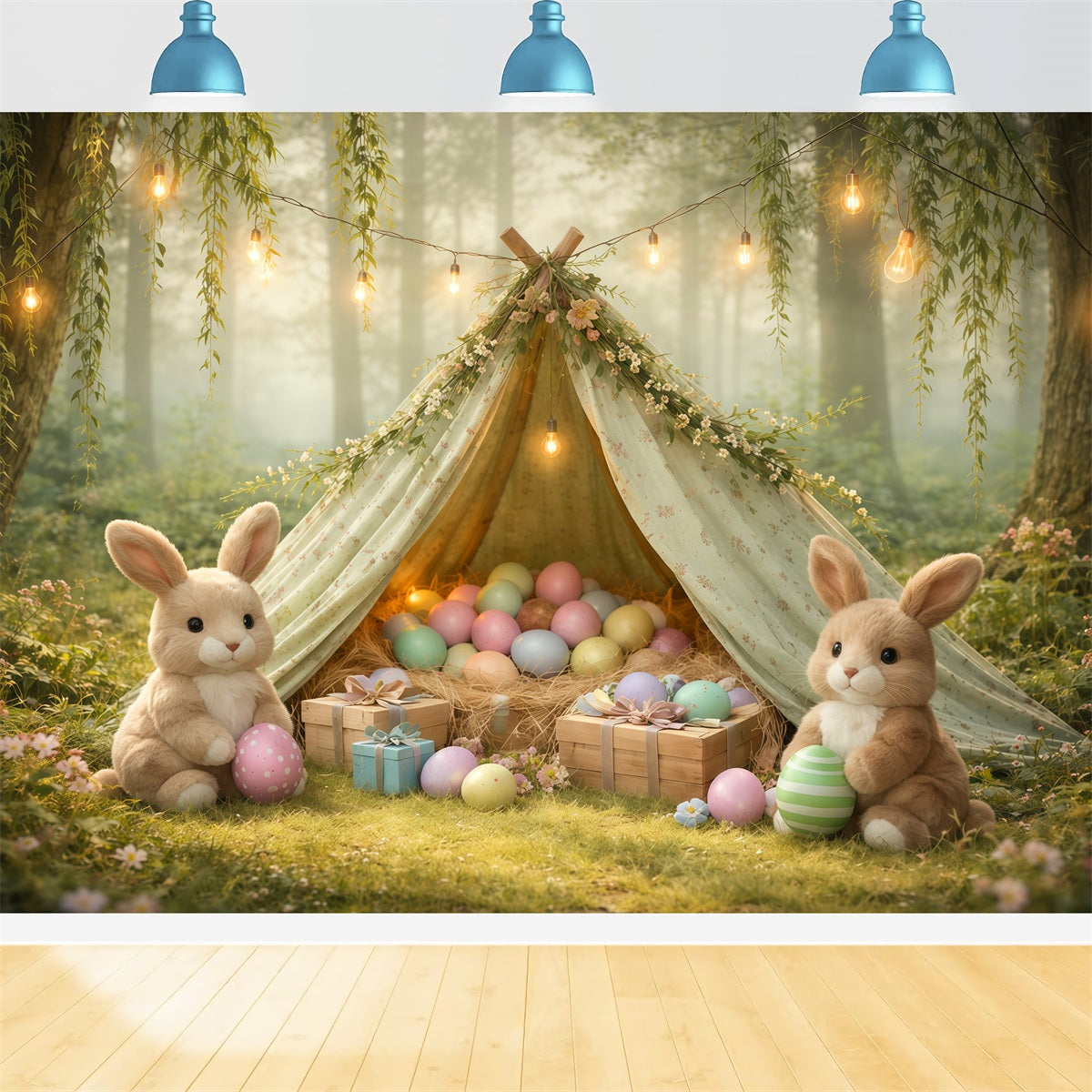 Bunny Backdrop Foggy Forest Willow Egg Teepee Easter Pictures Backdrop LXX62-90