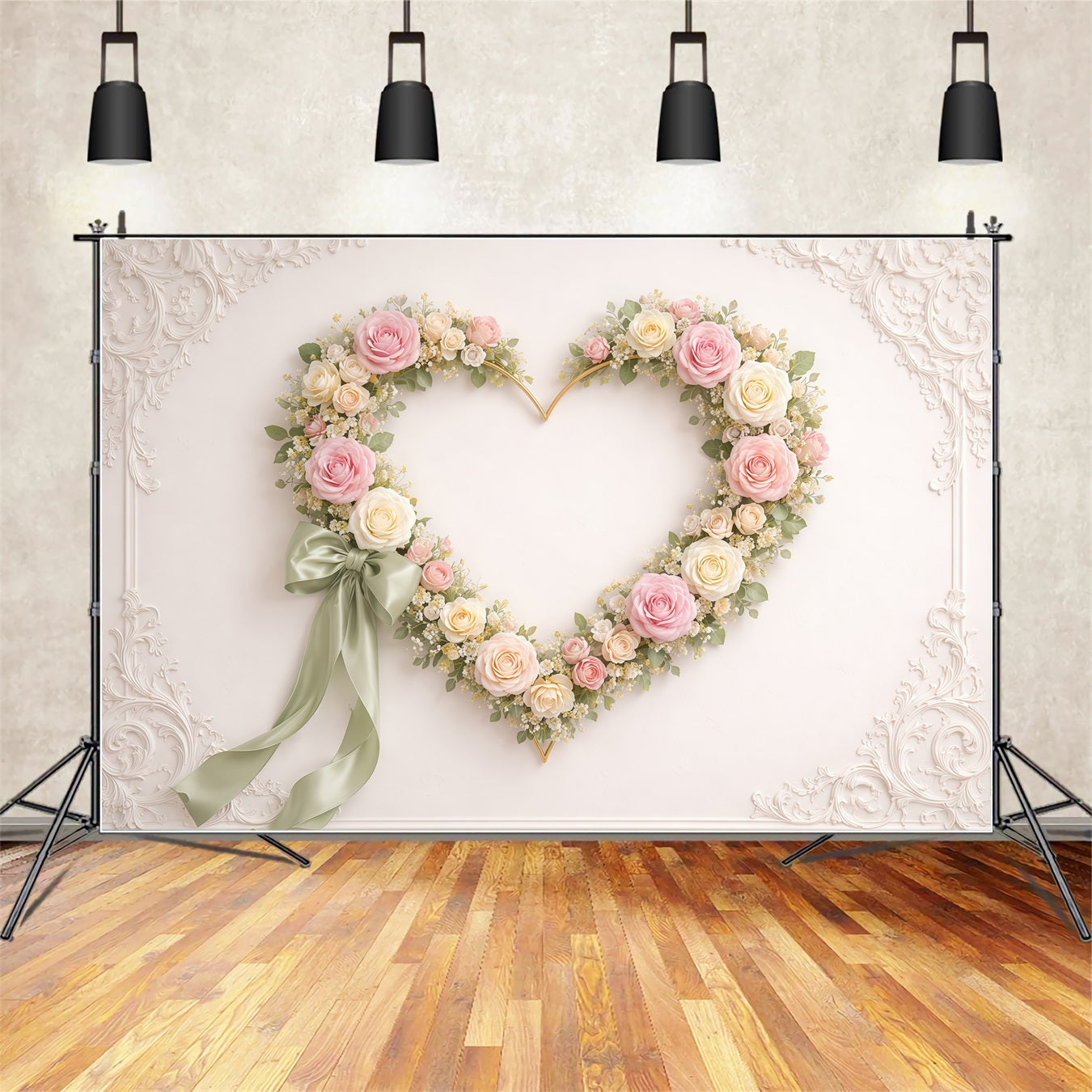 Heart Floral Frame Mother's Day Backdrop Vintage Wall Rose Ribbon Mother's Day Backdrop Ideas LXX63-10