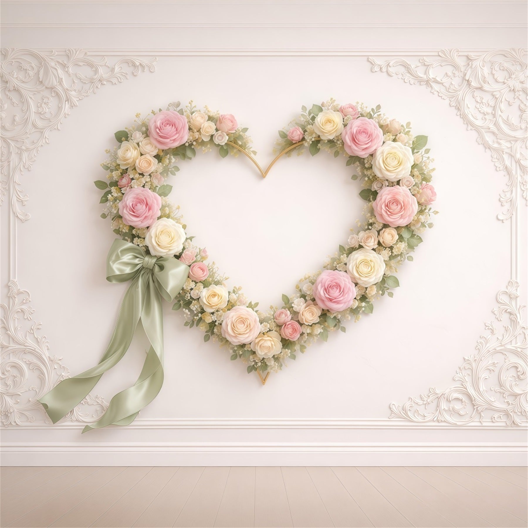 Heart Floral Frame Mother's Day Backdrop Vintage Wall Rose Ribbon Mother's Day Backdrop Ideas LXX63-10