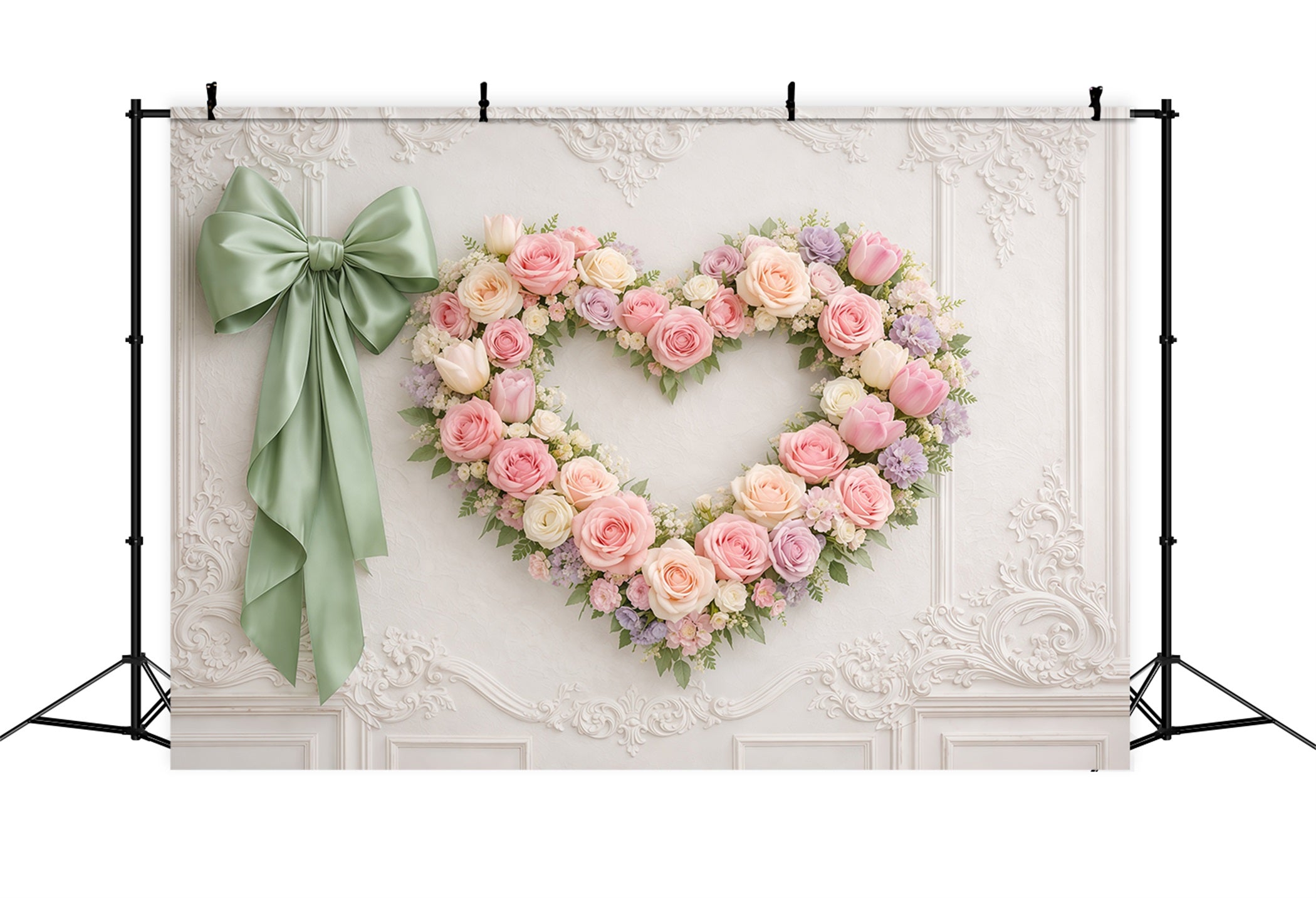 Heart Floral Frame Mother's Day Backdrop Elegant Wall Rose Ribbon Mother's Day Backdrop Ideas LXX63-14