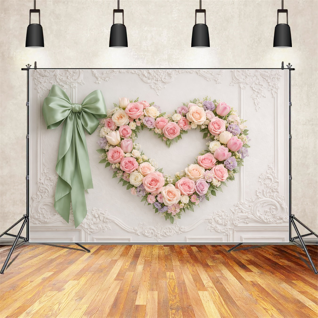 Heart Floral Frame Mother's Day Backdrop Elegant Wall Rose Ribbon Mother's Day Backdrop Ideas LXX63-14