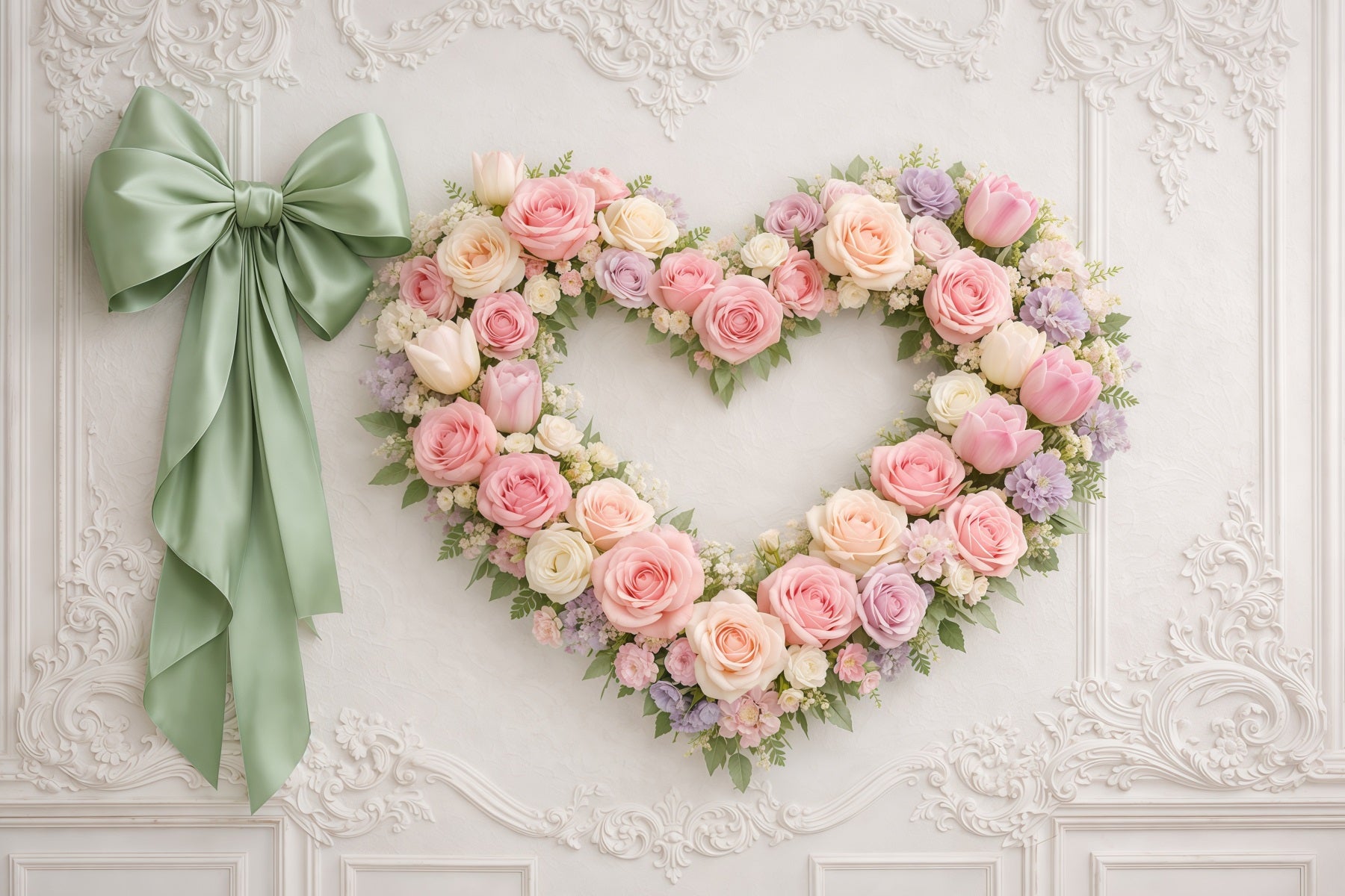 Heart Floral Frame Mother's Day Backdrop Elegant Wall Rose Ribbon Mother's Day Backdrop Ideas LXX63-14