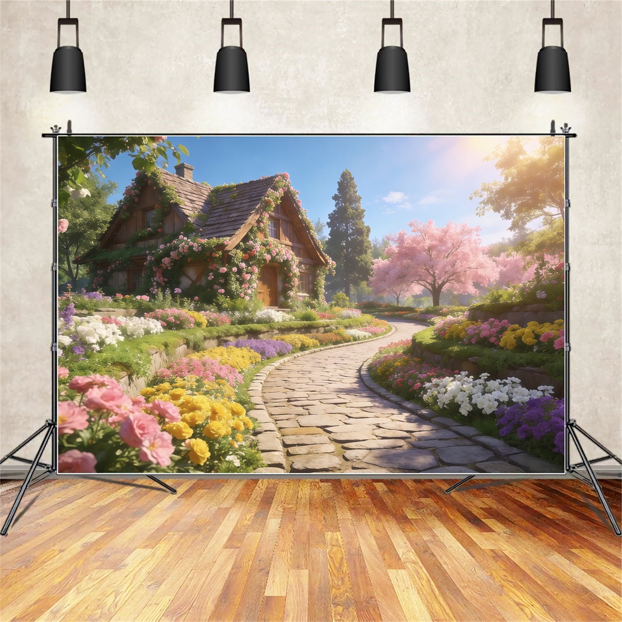 Romantic Cottage Mother's Day Backdrop Spring Flower Path Sunshine Happy Mothers Day Backdrop LXX63-15