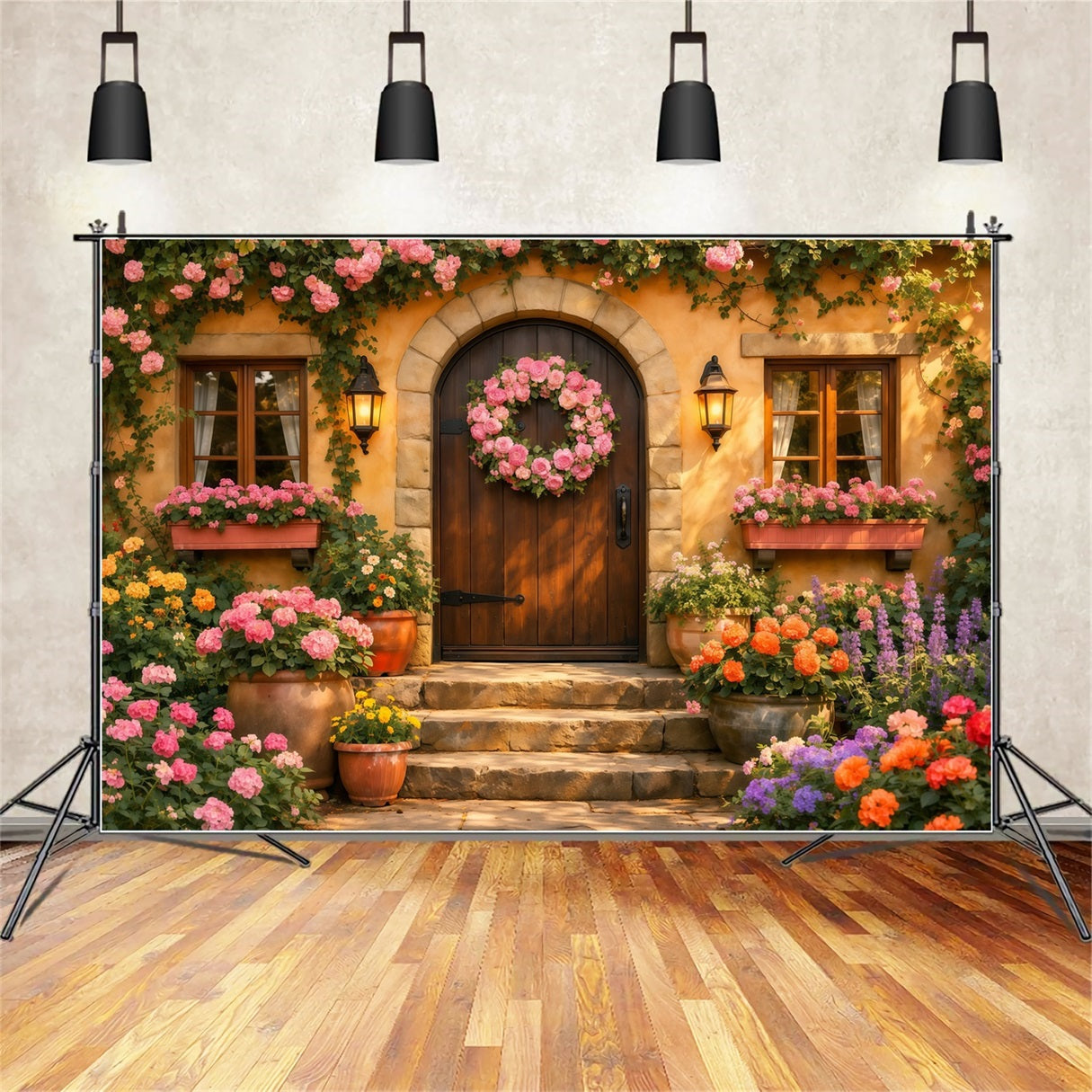 Romantic Cottage Mother's Day Backdrop Floral Wreath Door Lantern Happy Mothers Day Backdrop LXX63-18