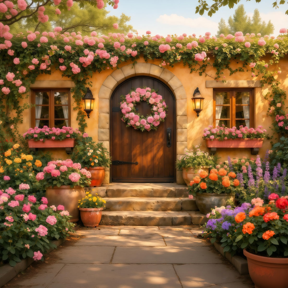 Romantic Cottage Mother's Day Backdrop Floral Wreath Door Lantern Happy Mothers Day Backdrop LXX63-18