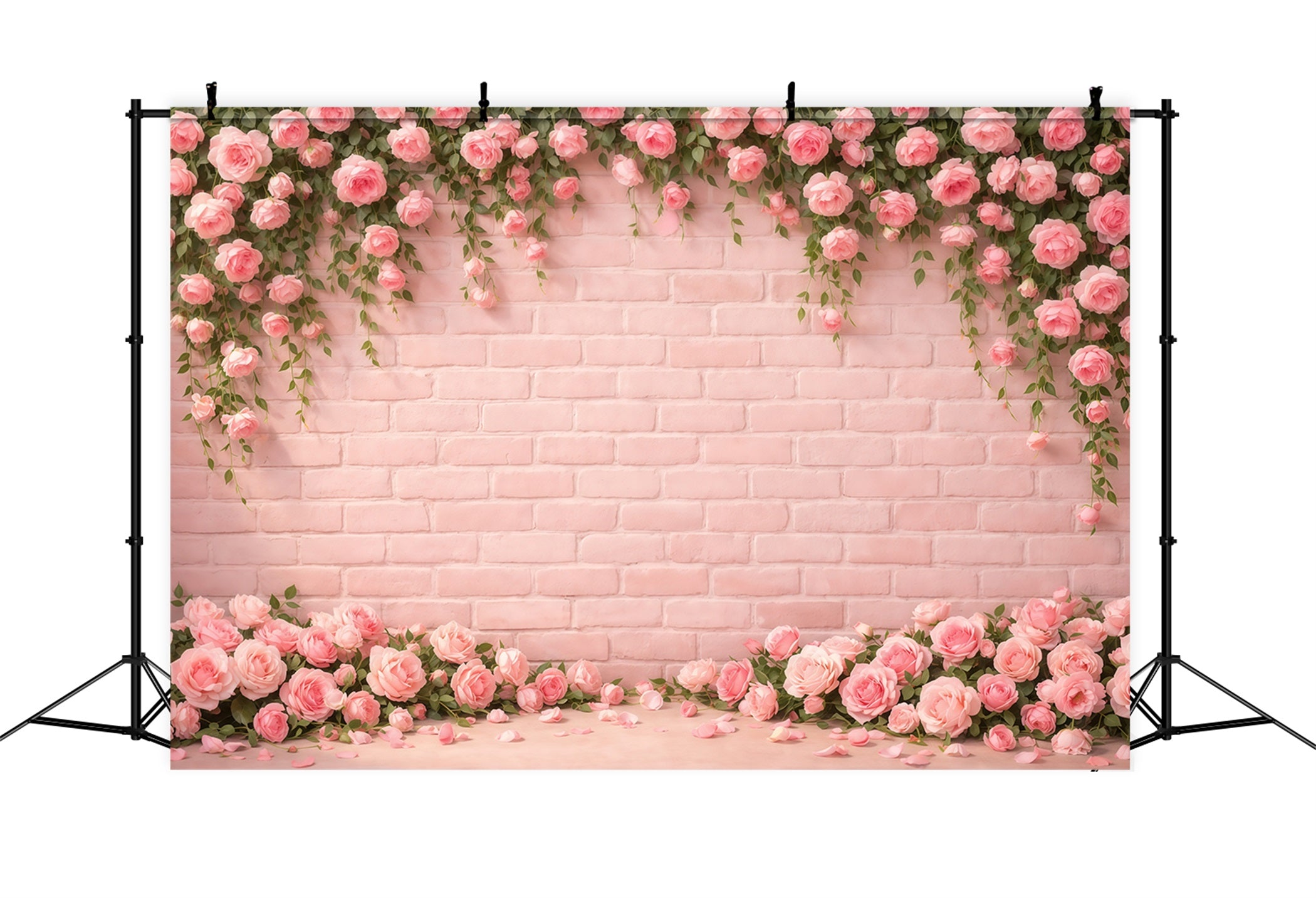 Pink Brick Wall Mother's Day Backdrop Rose Floral Border Petals Mother's Day Photo Backdrop Ideas LXX63-24