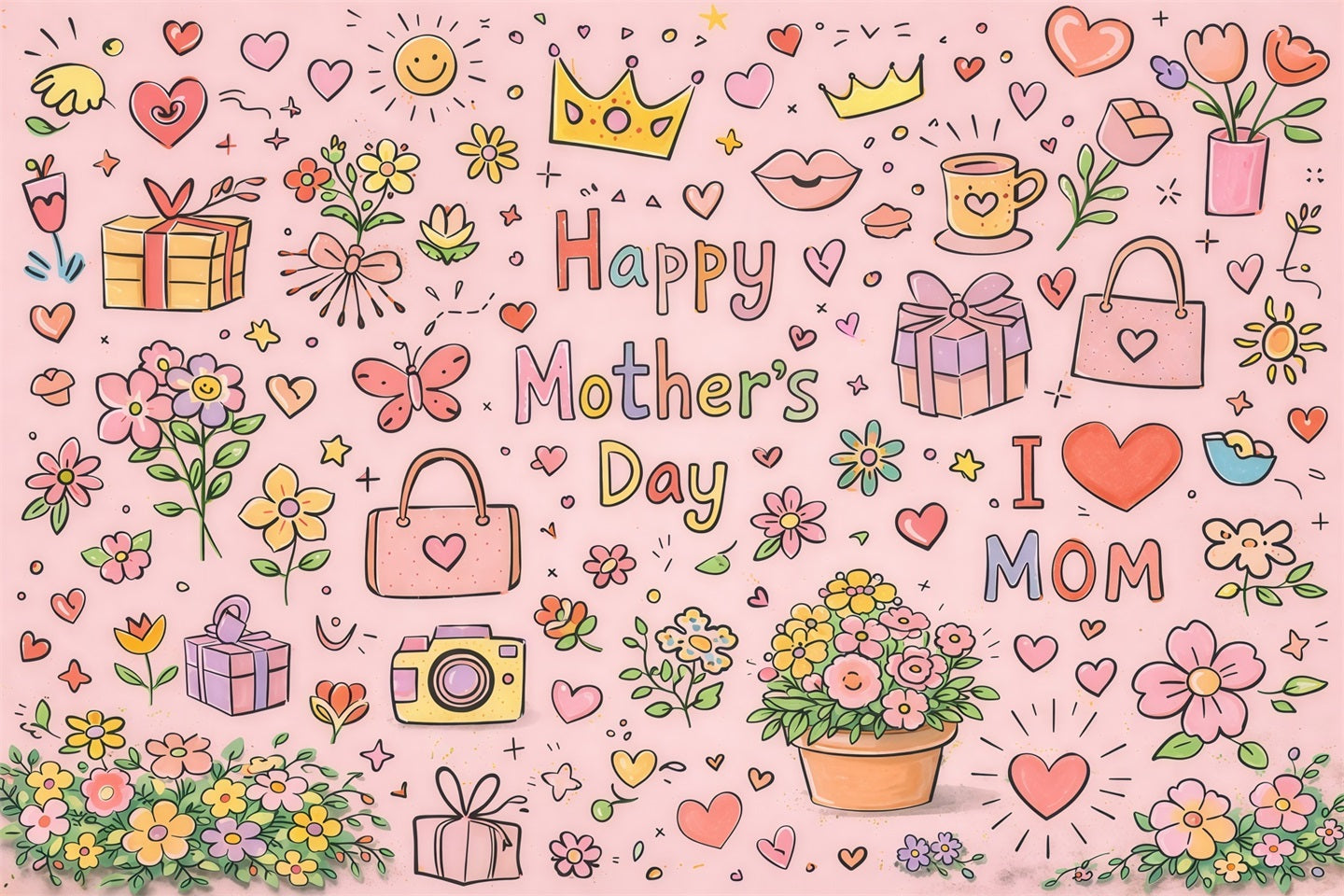 Mom Letters Mother's Day Backdrop Cute Doodle Floral Gift Pattern Backdrop For Mother's Day LXX63-26