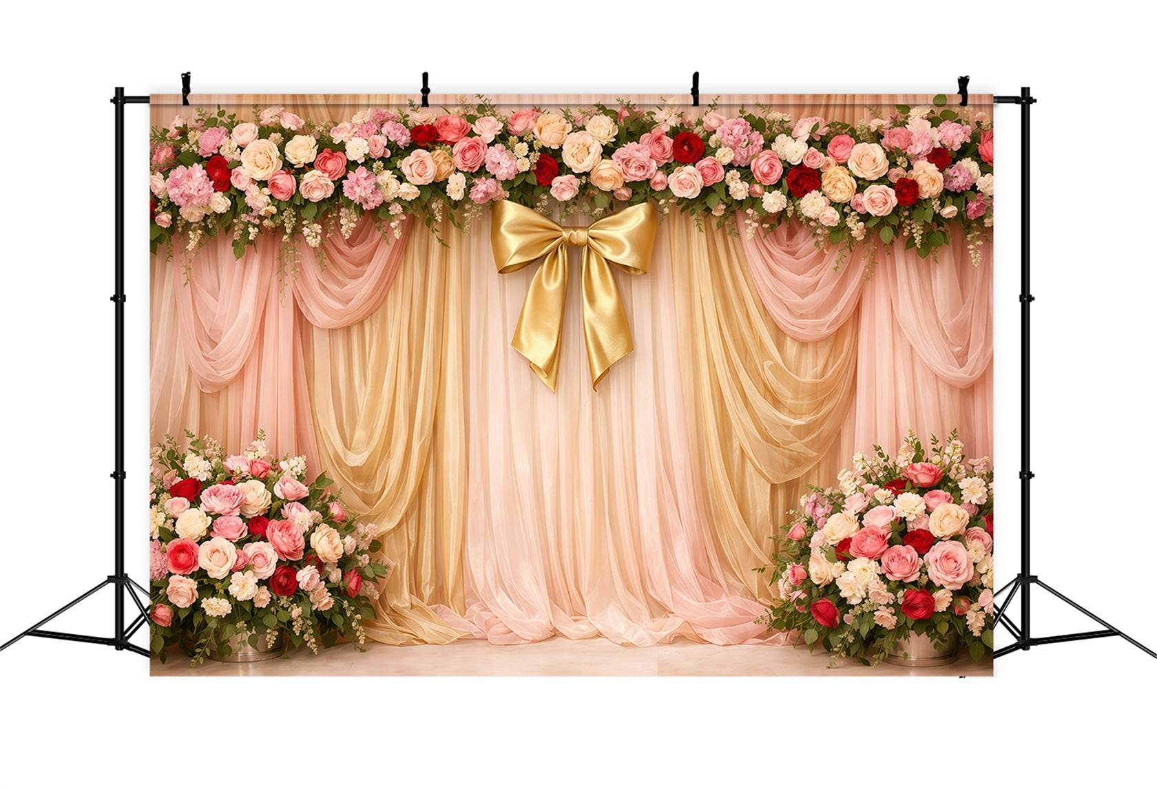 Pink Gold Romance Mother's Day Backdrop Pink Gold Draped Floral Bow Backdrops For Mother's Day LXX63-29