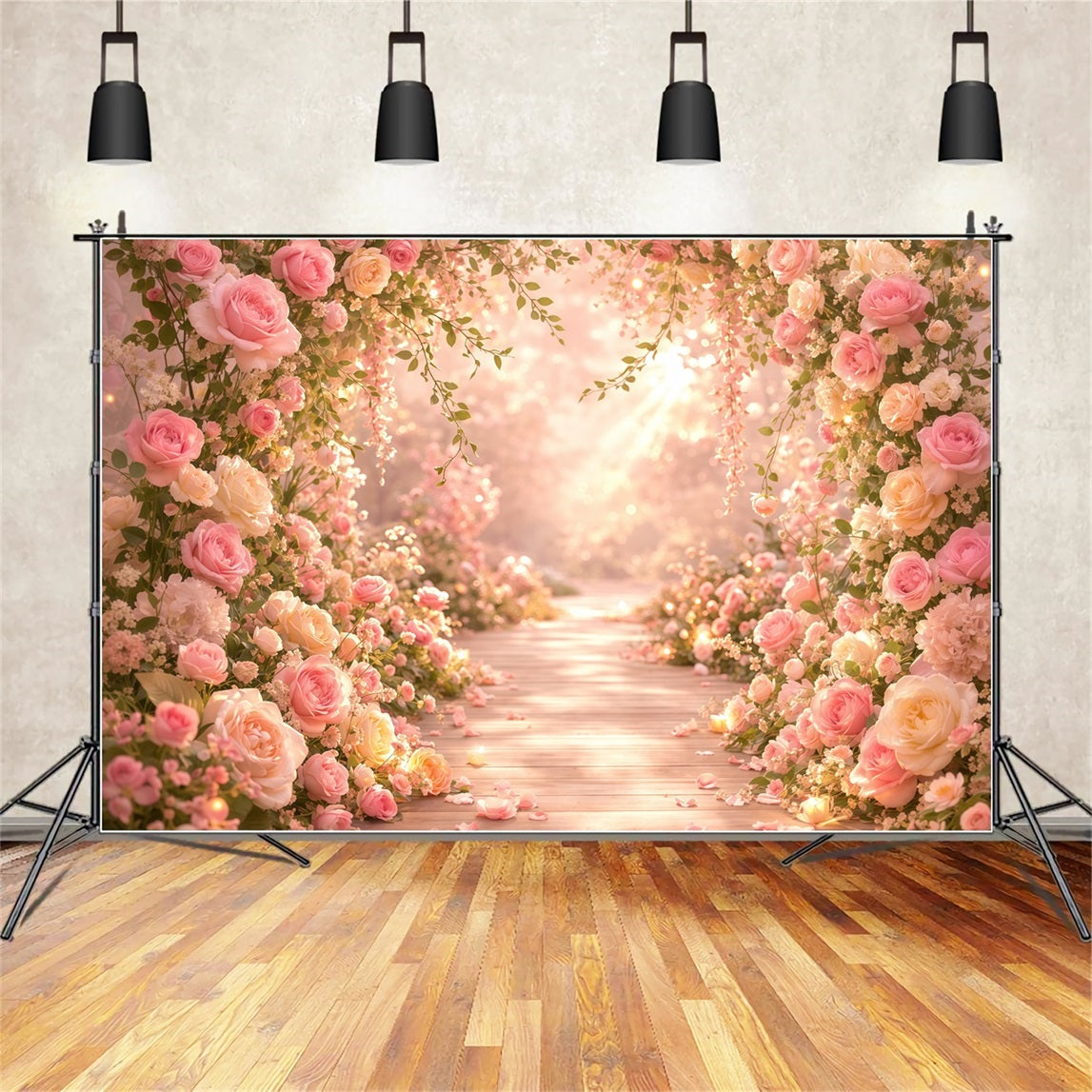 Pink Gold Romance Mother's Day Backdrop Romantic Rose Light Pathway Backdrops For Mother's Day LXX63-30