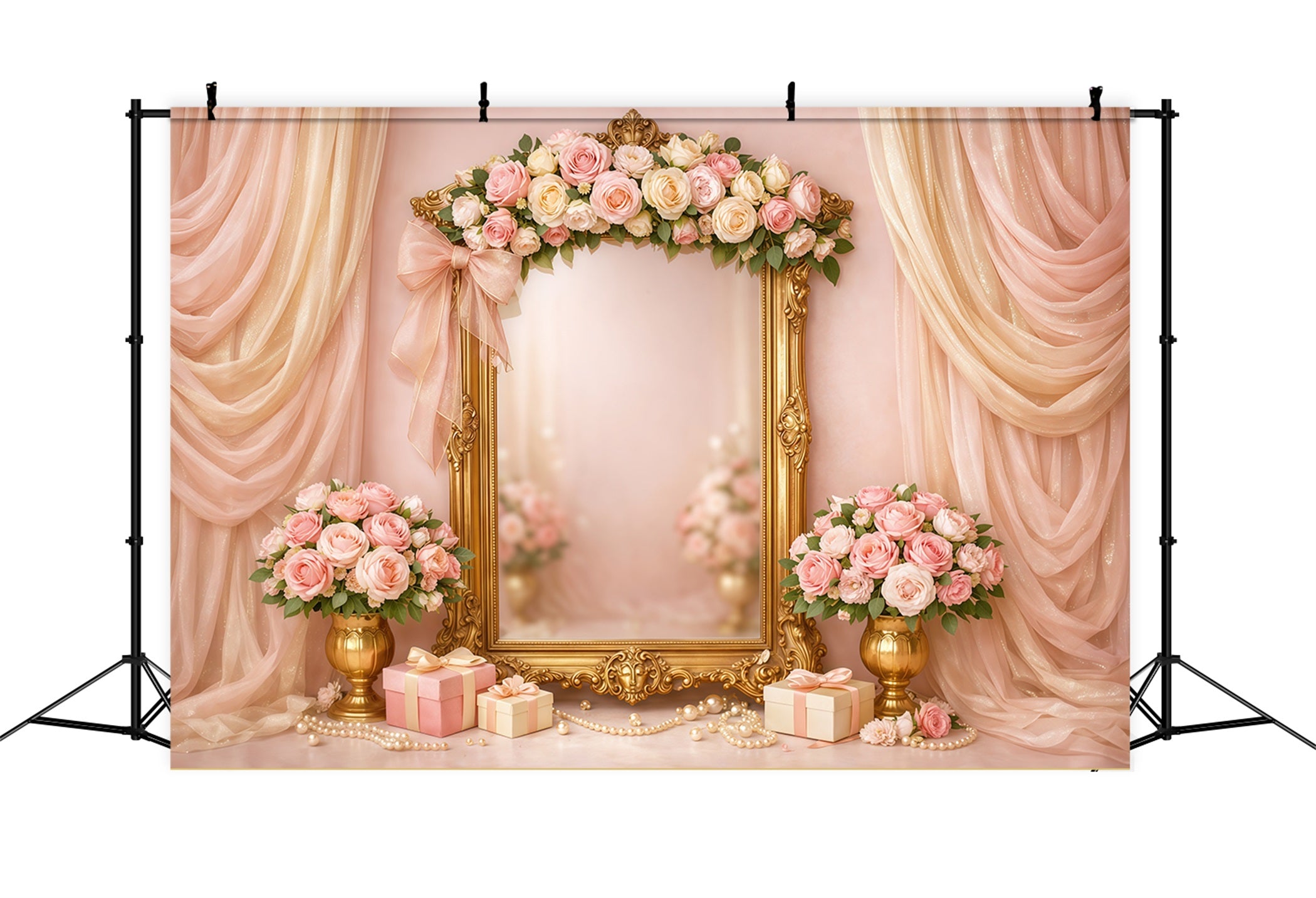 Pink Gold Romance Mother's Day Backdrop Luxury Frame Floral Gift Backdrops For Mother's Day LXX63-31