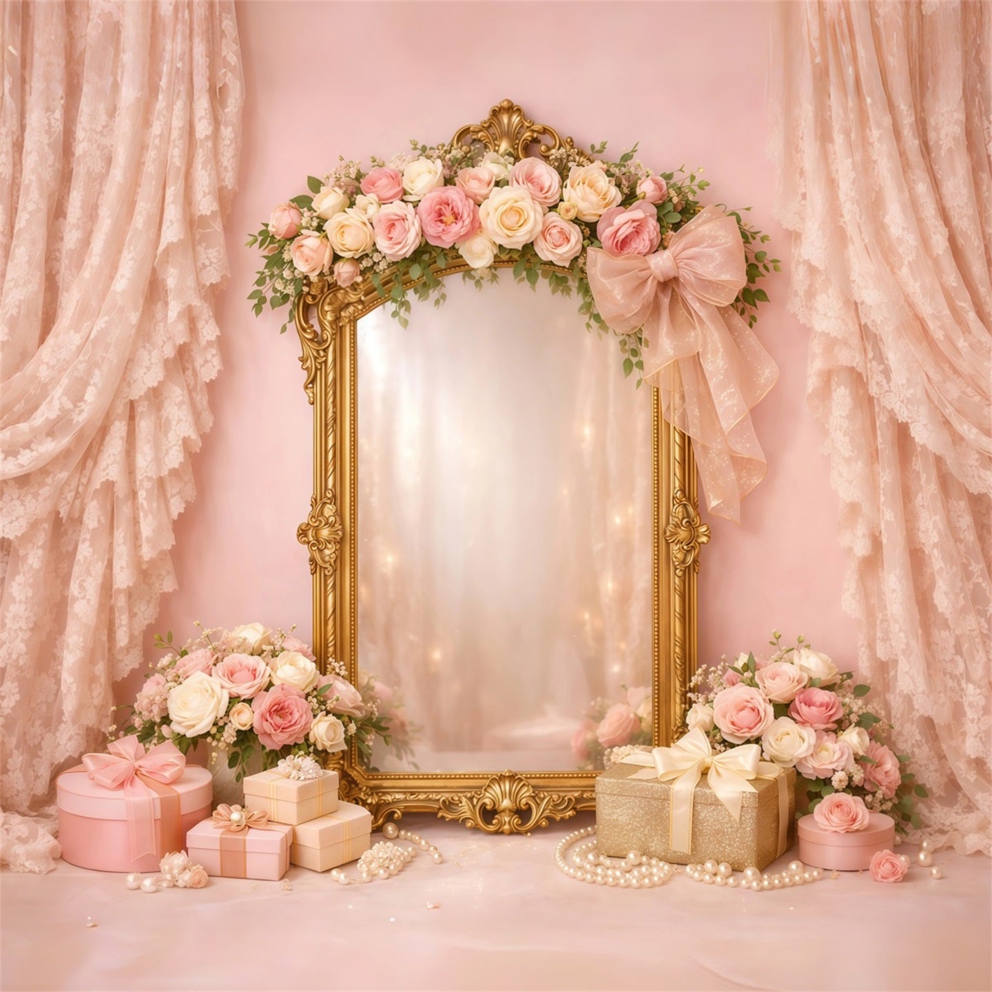Pink Gold Romance Mother's Day Backdrop Vintage Lace Mirror Floral Gift Backdrops For Mother's Day LXX63-32