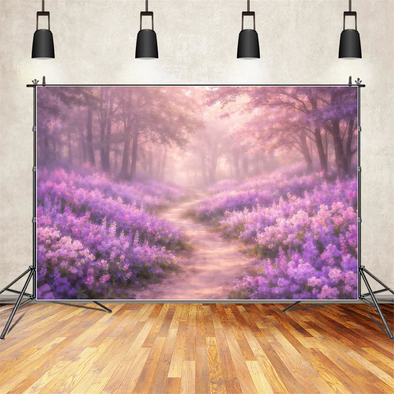 Dreamy Soft Focus Mother's Day Backdrop Purple Blossom Forest Pathway Mother's Day Photo Backdrops LXX63-33