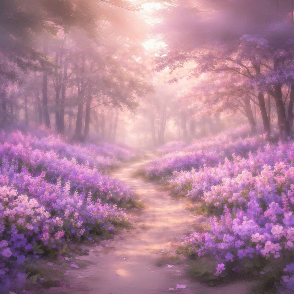 Dreamy Soft Focus Mother's Day Backdrop Purple Blossom Forest Pathway Mother's Day Photo Backdrops LXX63-33