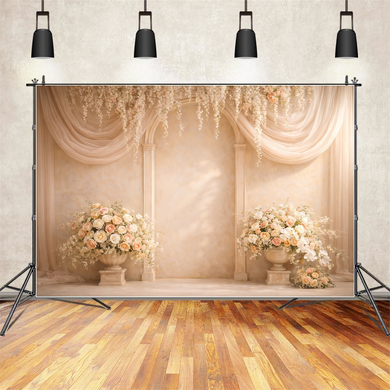 Pastel Retro Mother's Day Backdrop Ivory Floral Arch Draped Curtains Mothers Day Photo Backdrops LXX63-37