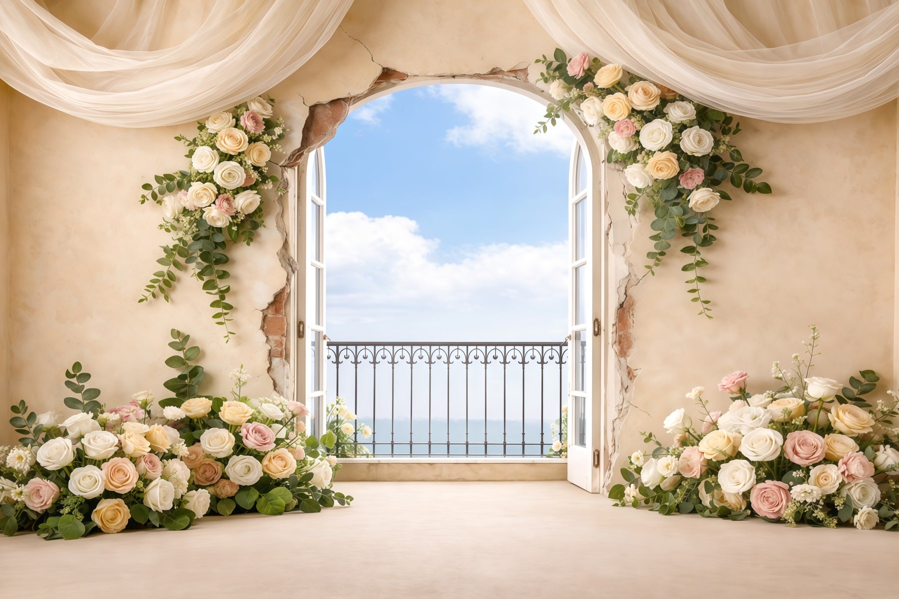 Pastel Retro Mother's Day Backdrop Vintage Window Balcony Floral Mothers Day Photo Backdrops LXX63-39