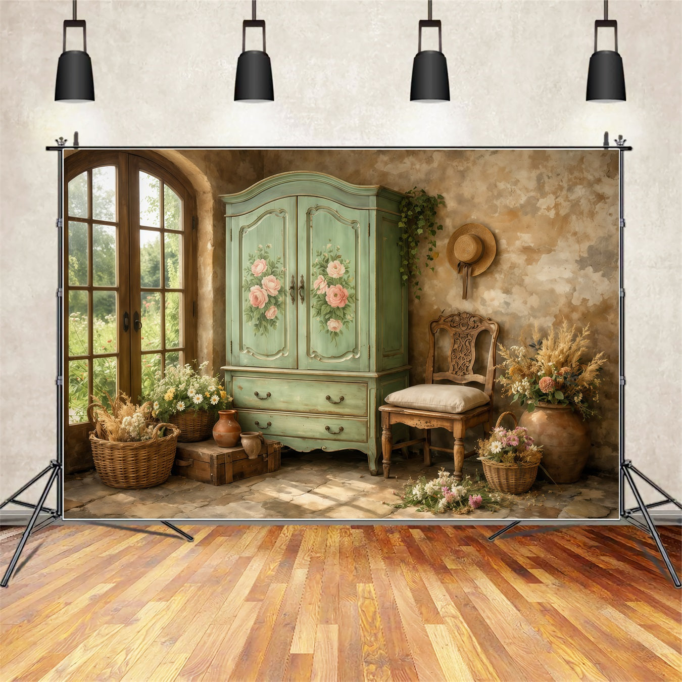 Farmhouse Chic Mother's Day Backdrop Vintage Mint Wardrobe Interior Mother's Day Picture Backdrop LXX63-41