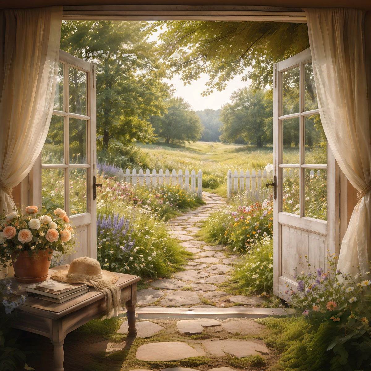 Farmhouse Chic Mother's Day Backdrop Sunlit Path Open Window View Mother's Day Picture Backdrop LXX63-42