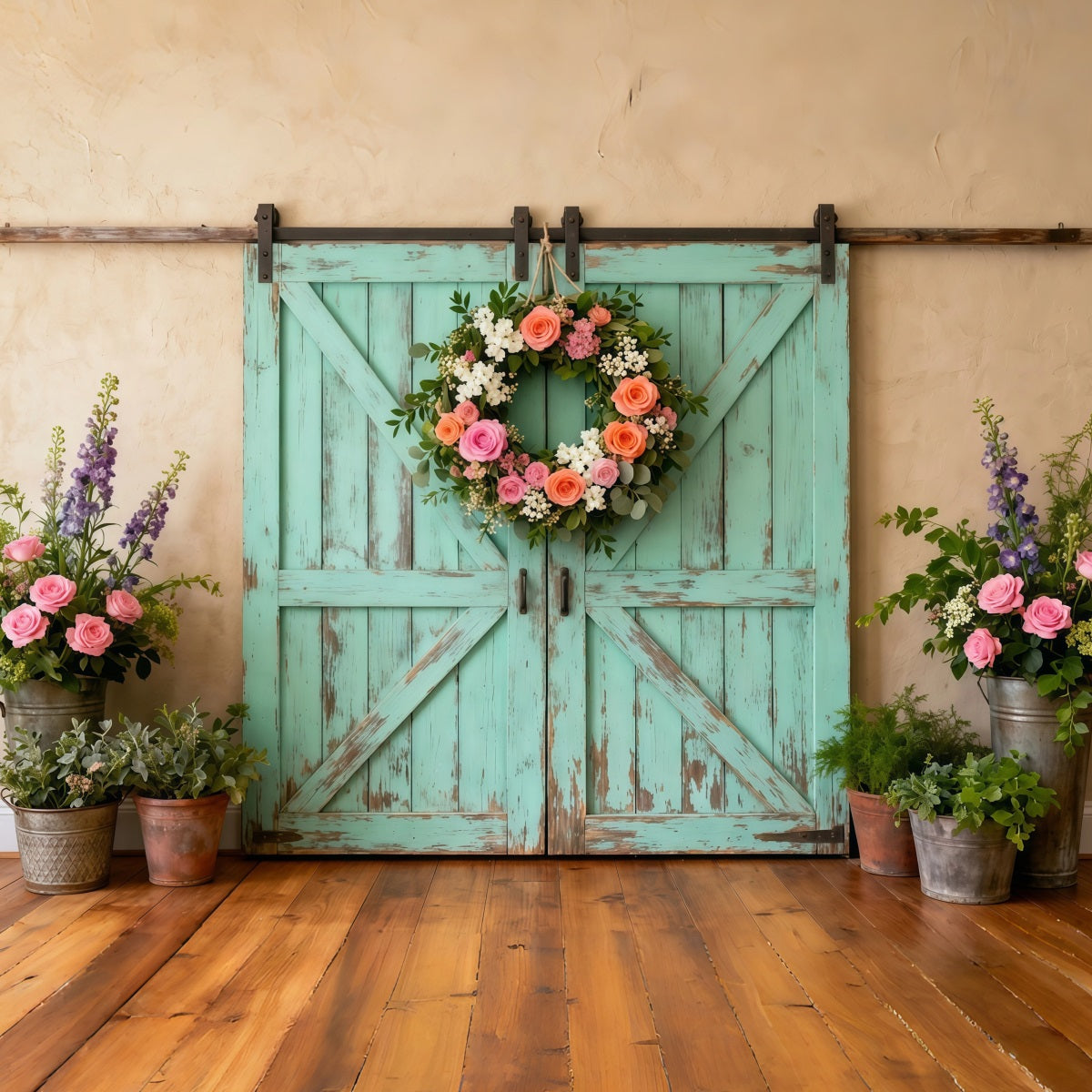Farmhouse Chic Mother's Day Backdrop Distressed Teal Barn Door Wreath Mother's Day Picture Backdrop LXX63-44