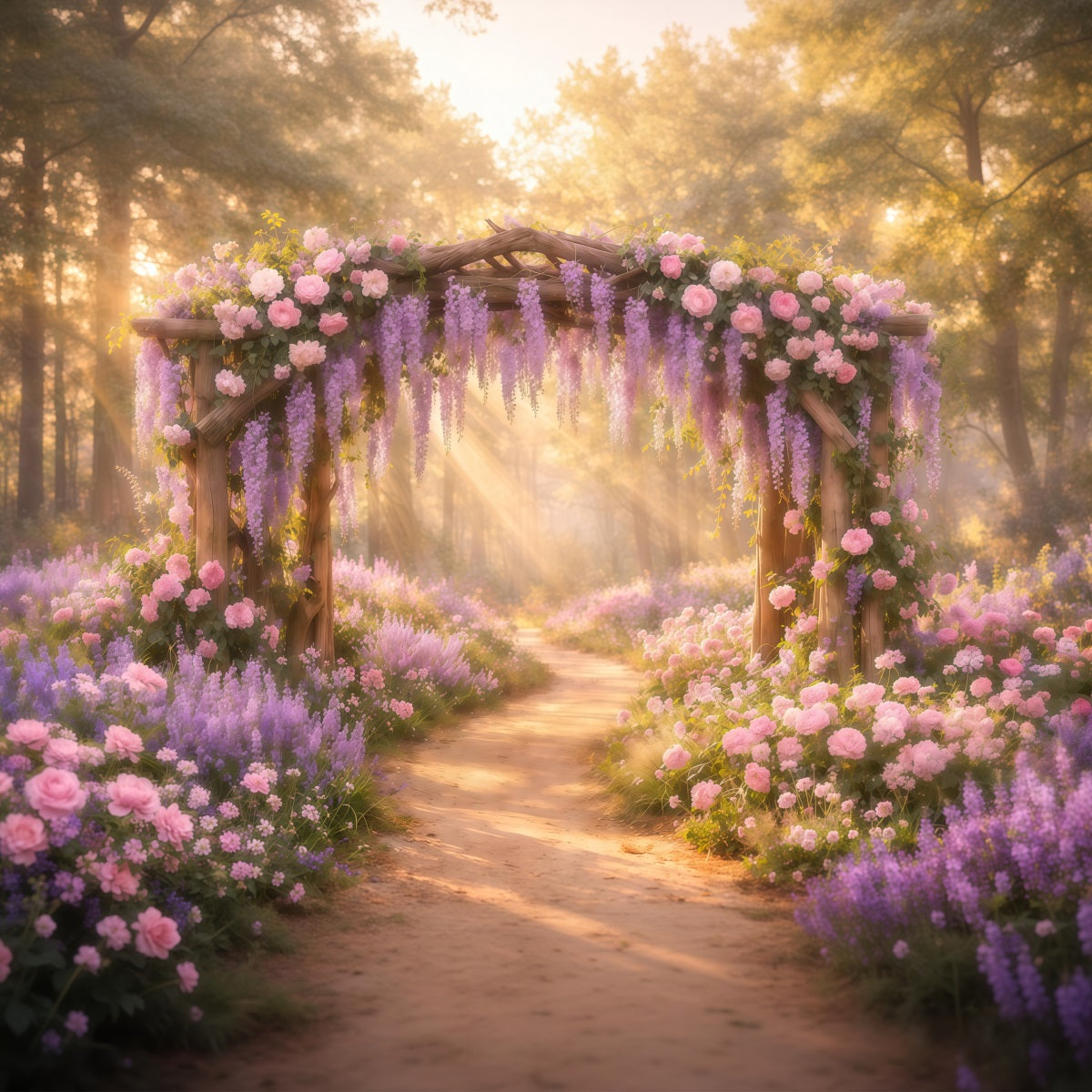 Lavender Bouquet Mother's Day Backdrop Golden Sunlight Floral Wisteria Arch Backdrop Mothers Day LXX63-48