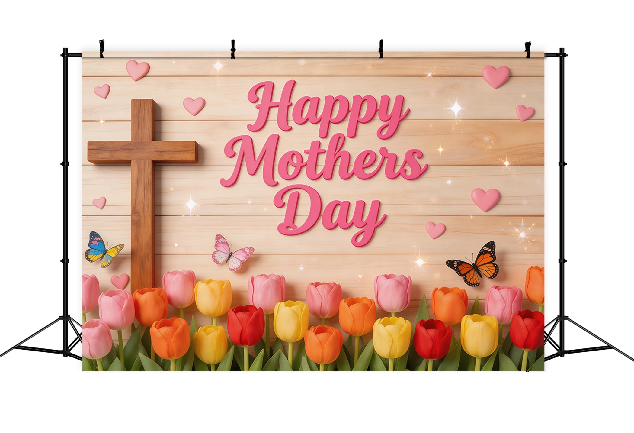 Mother's Day Photo Backdrop Church Tulip Butterfly Wooden Cross Backdrops For Mothers Day LXX63-51
