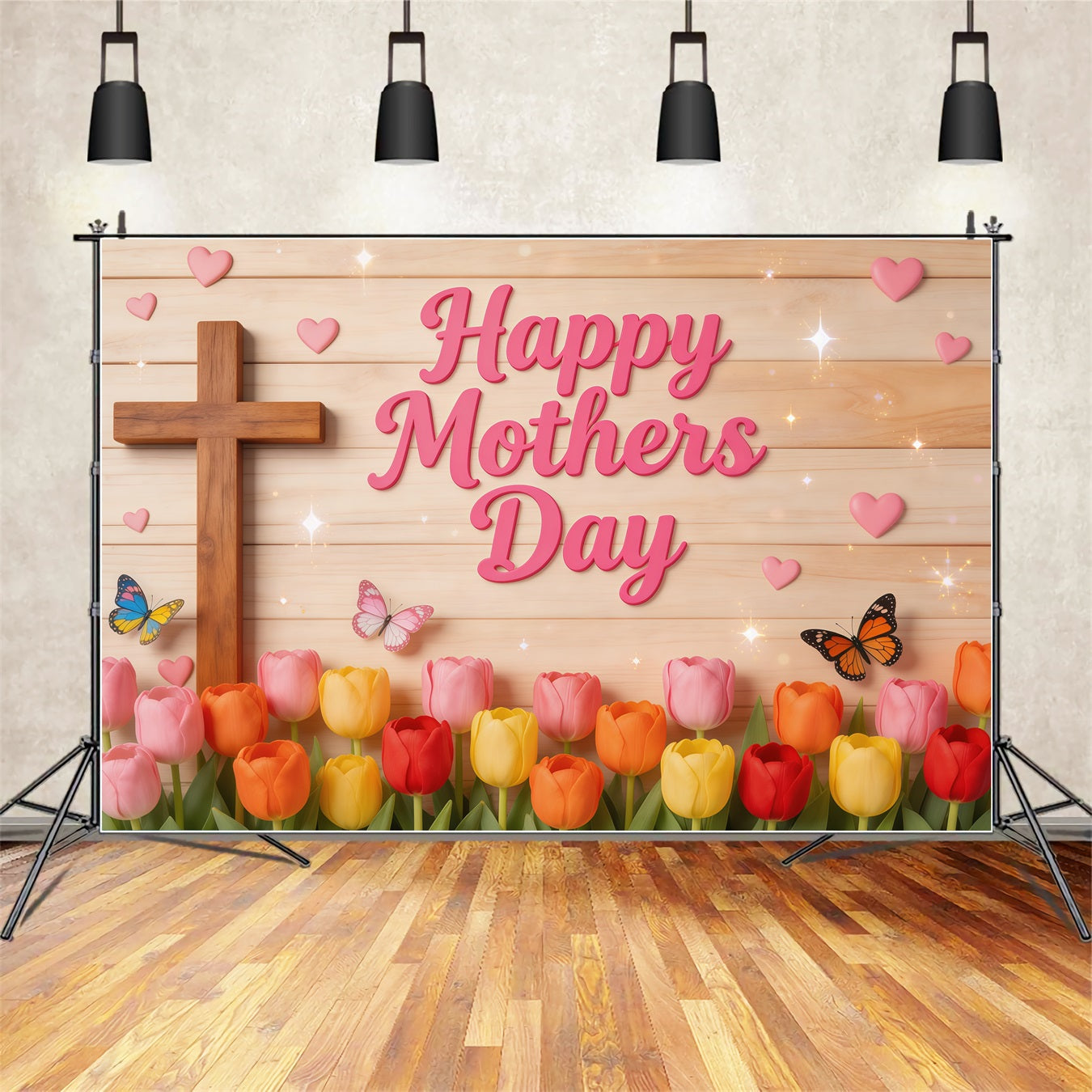 Mother's Day Photo Backdrop Church Tulip Butterfly Wooden Cross Backdrops For Mothers Day LXX63-51