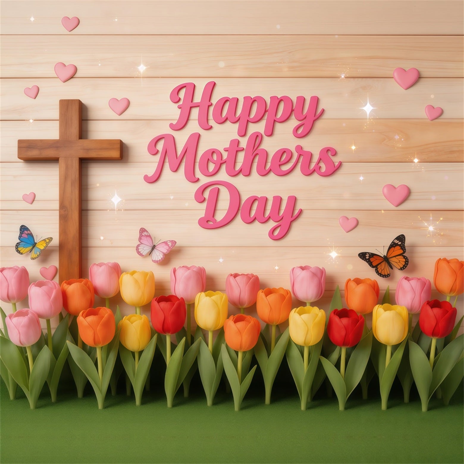 Mother's Day Photo Backdrop Church Tulip Butterfly Wooden Cross Backdrops For Mothers Day LXX63-51