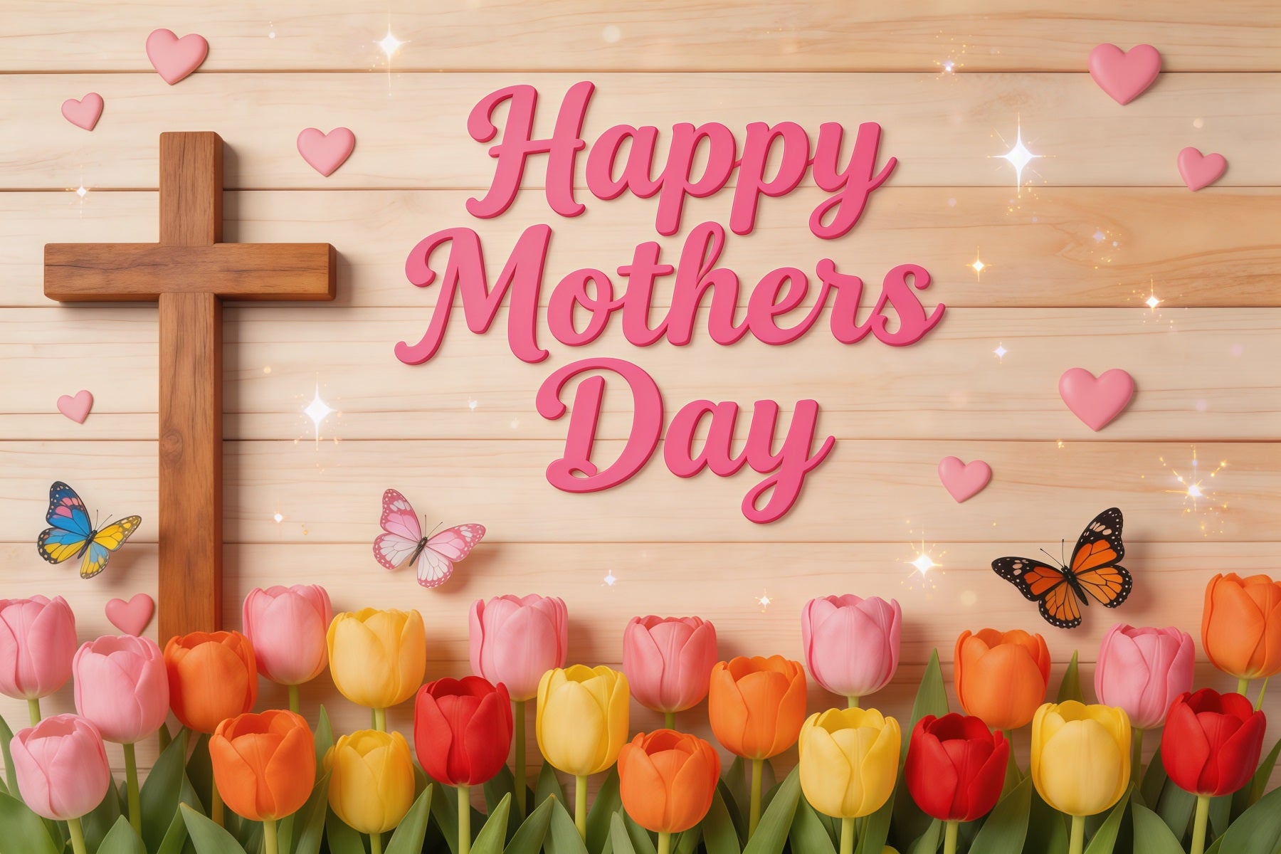 Mother's Day Photo Backdrop Church Tulip Butterfly Wooden Cross Backdrops For Mothers Day LXX63-51