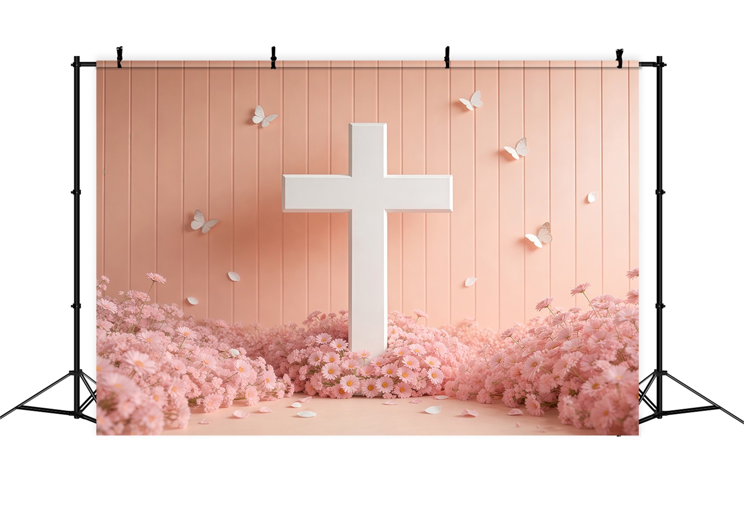 Mother's Day Backdrop Church White Cross Pink Daisy Butterfly Mother Day Photo Backdrops LXX63-54
