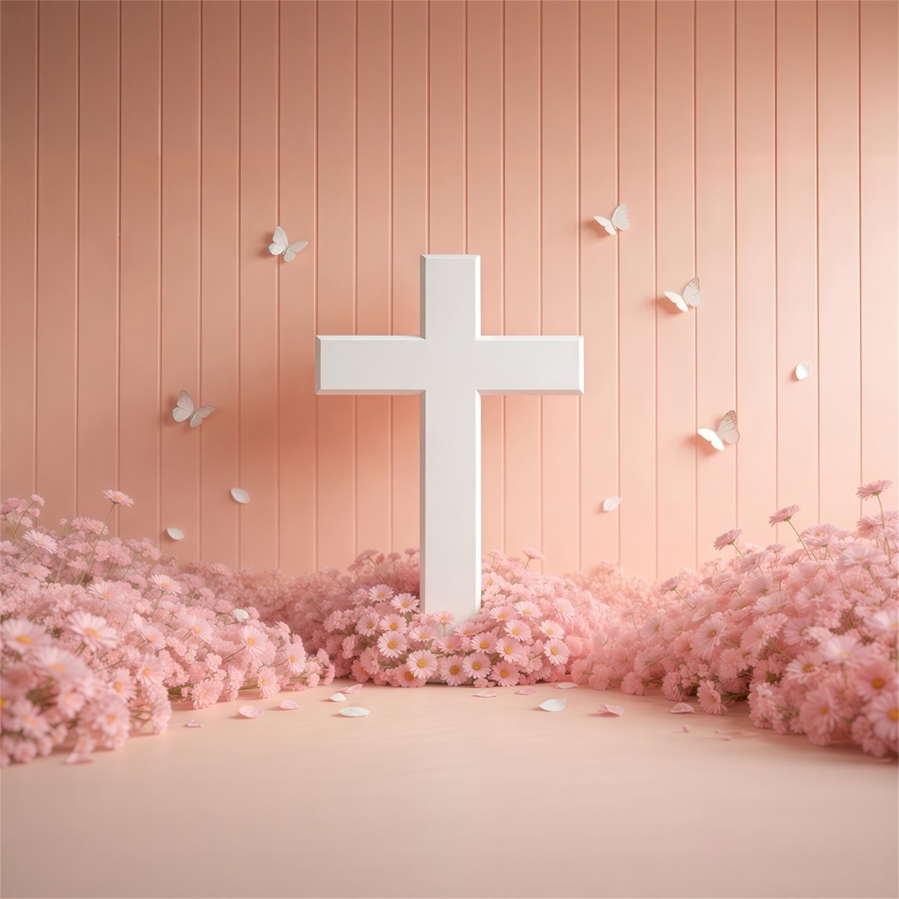 Mother's Day Backdrop Church White Cross Pink Daisy Butterfly Mother Day Photo Backdrops LXX63-54