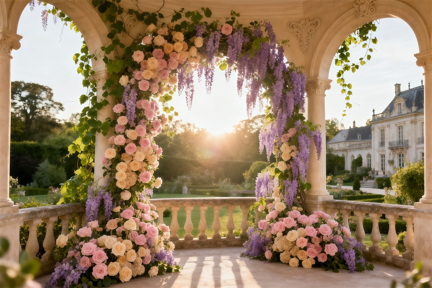 Floral Mother's Day Backdrop Ideas Column Arch Sunset Rose Wisteria Backdrop Design For Mother's Day LXX63-57