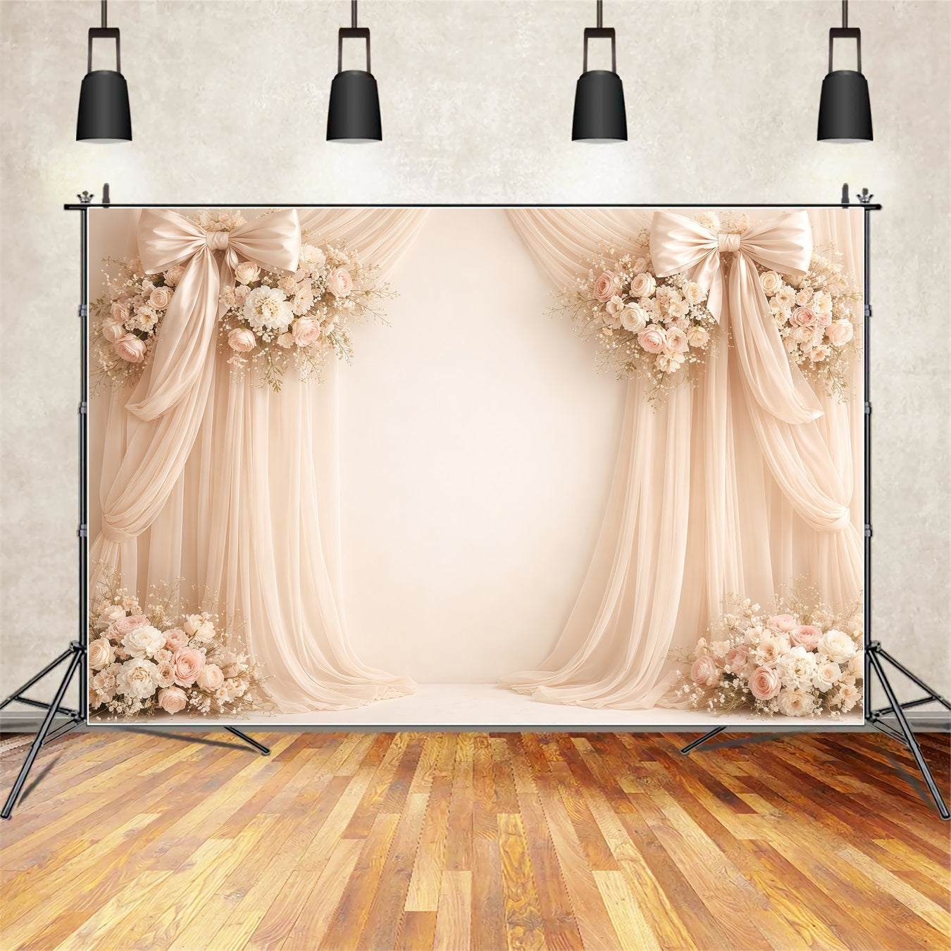 Mother's Day Portrait Backdrop Elegant Cream Draped Bow Floral Mother's Day Backdrop LXX63-7
