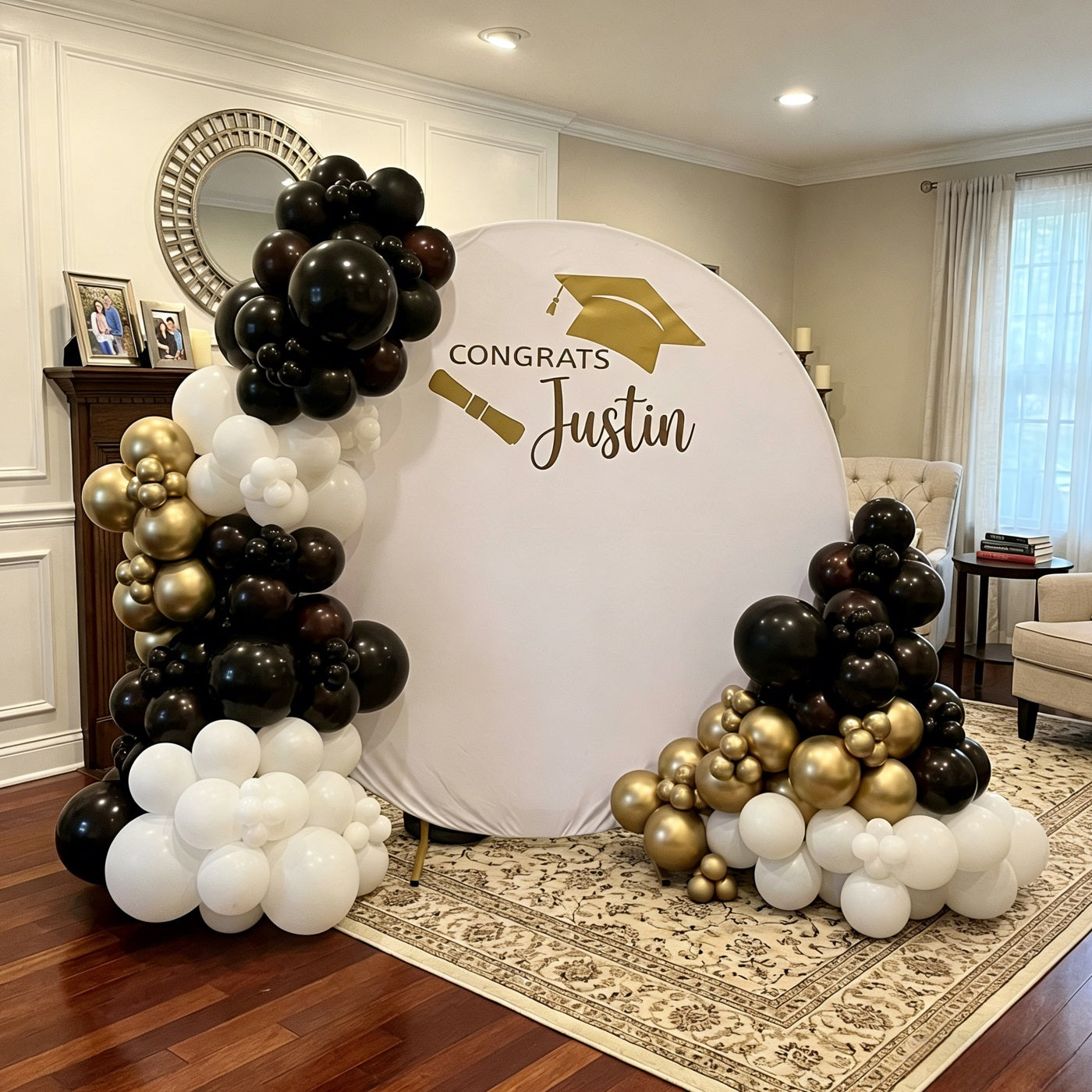College Graduation Round Backdrop White Gold Typography Cap University Graduation Round Backdrop LXX64-22