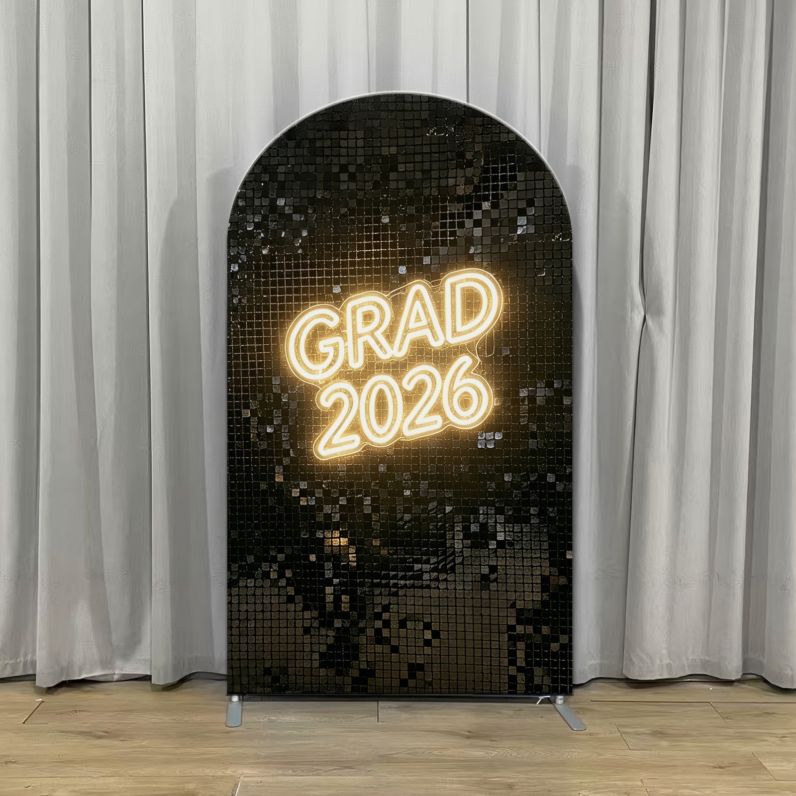 Graduation Arch Backdrop Black Sequin Neon Grad 2026 Luxury Graduation Sequin Arch Backdrop LX64-23