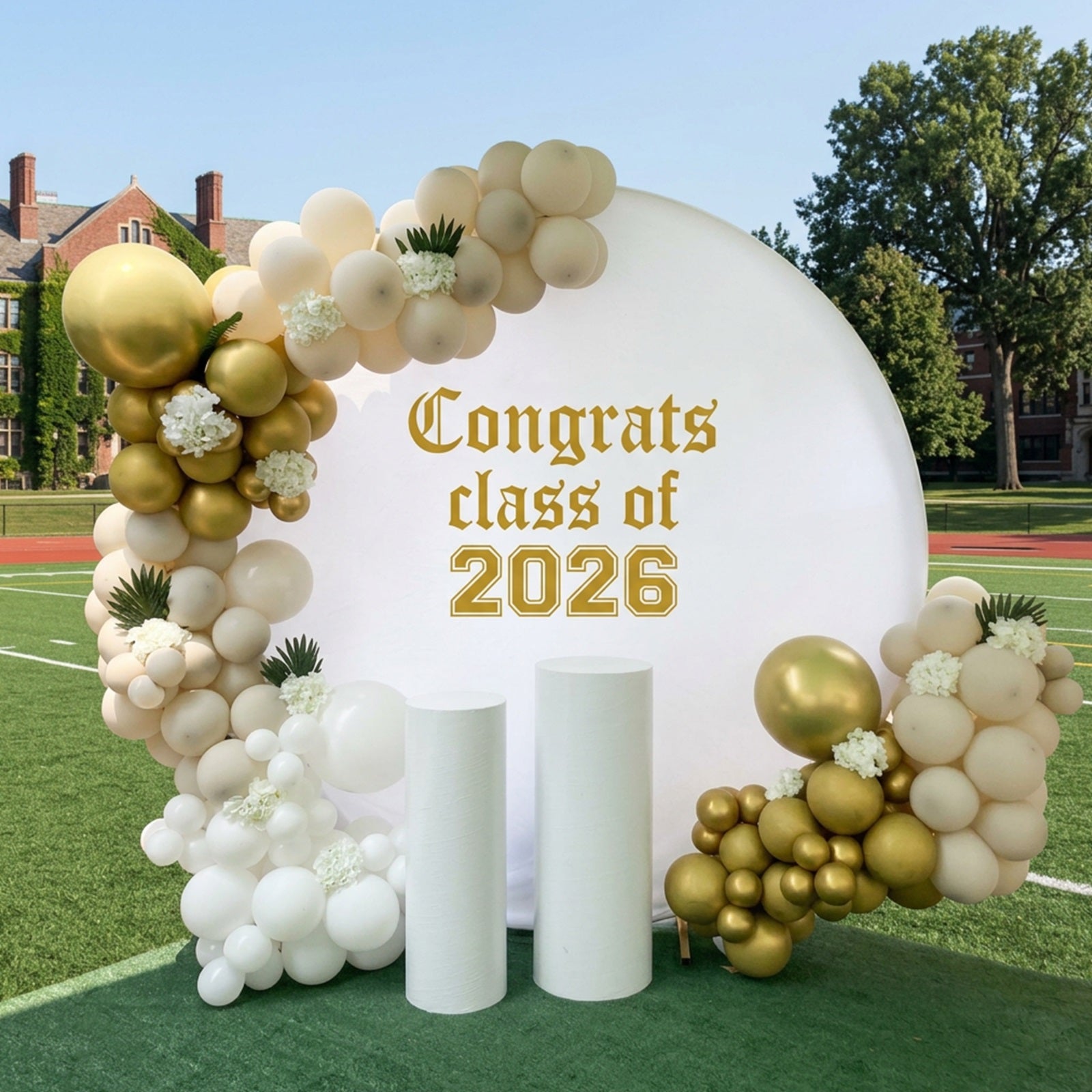 Round Graduation Backdrop Kit White Gold Vintage 2026 Graduation Round Backdrop Stand Cover LXX64-28