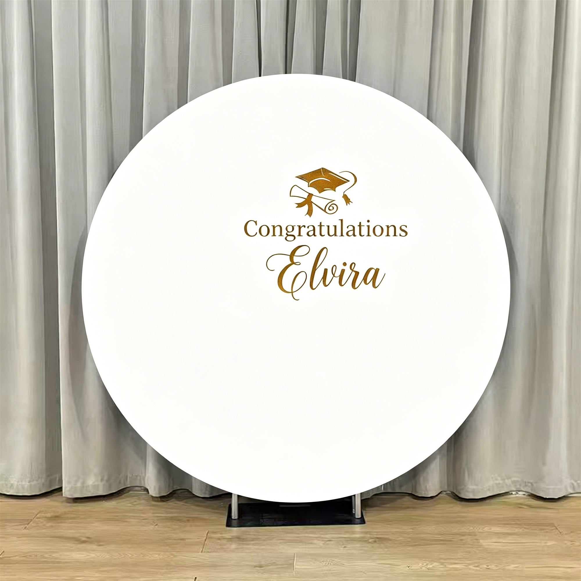 Graduation Round Backdrop For Photos White Gold Typography Cap Graduation Photography Round Backdrop LXX64-29