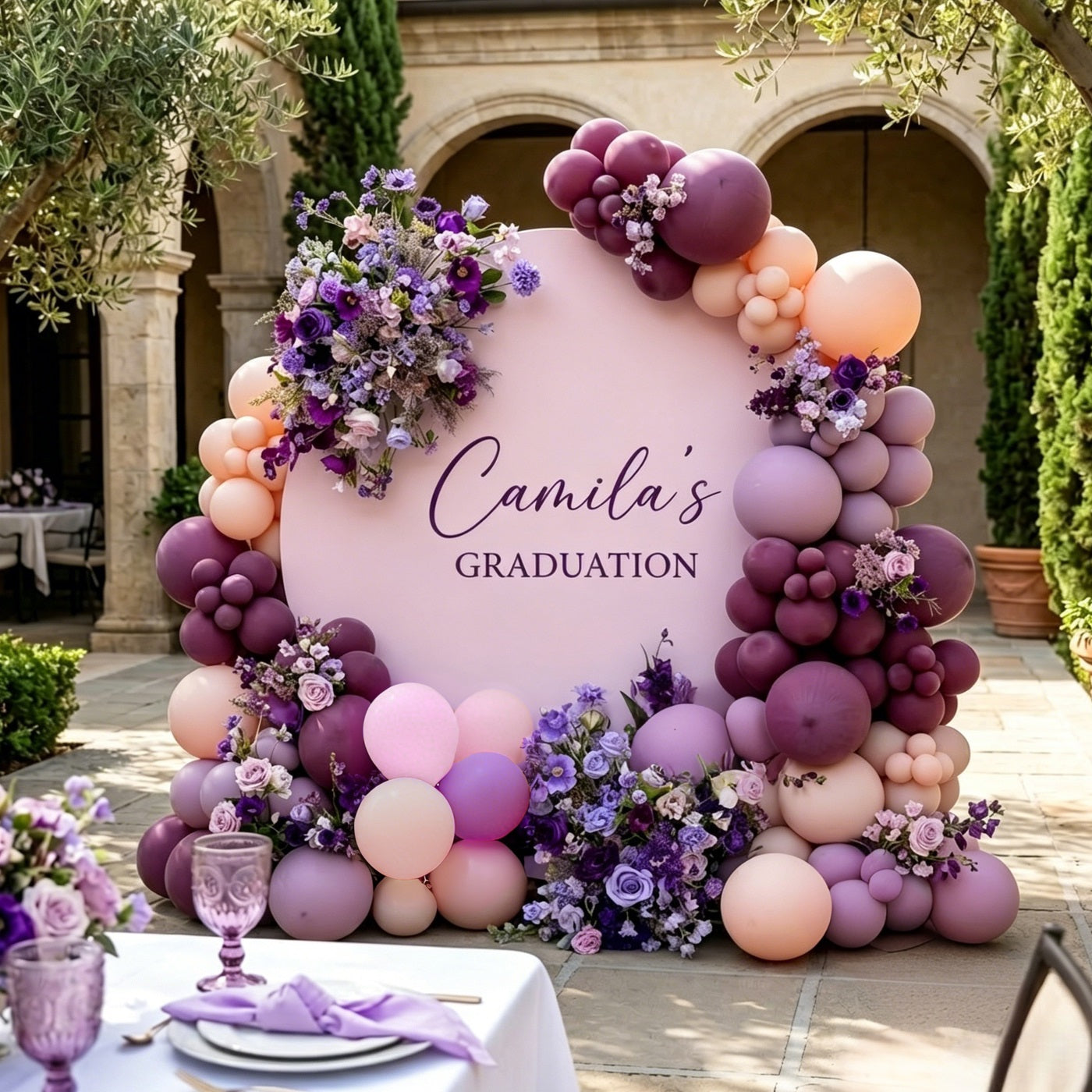 Floral Graduation Round Backdrop Pink Purple Custom Text Glitter Graduation Round Backdrop LXX64-31