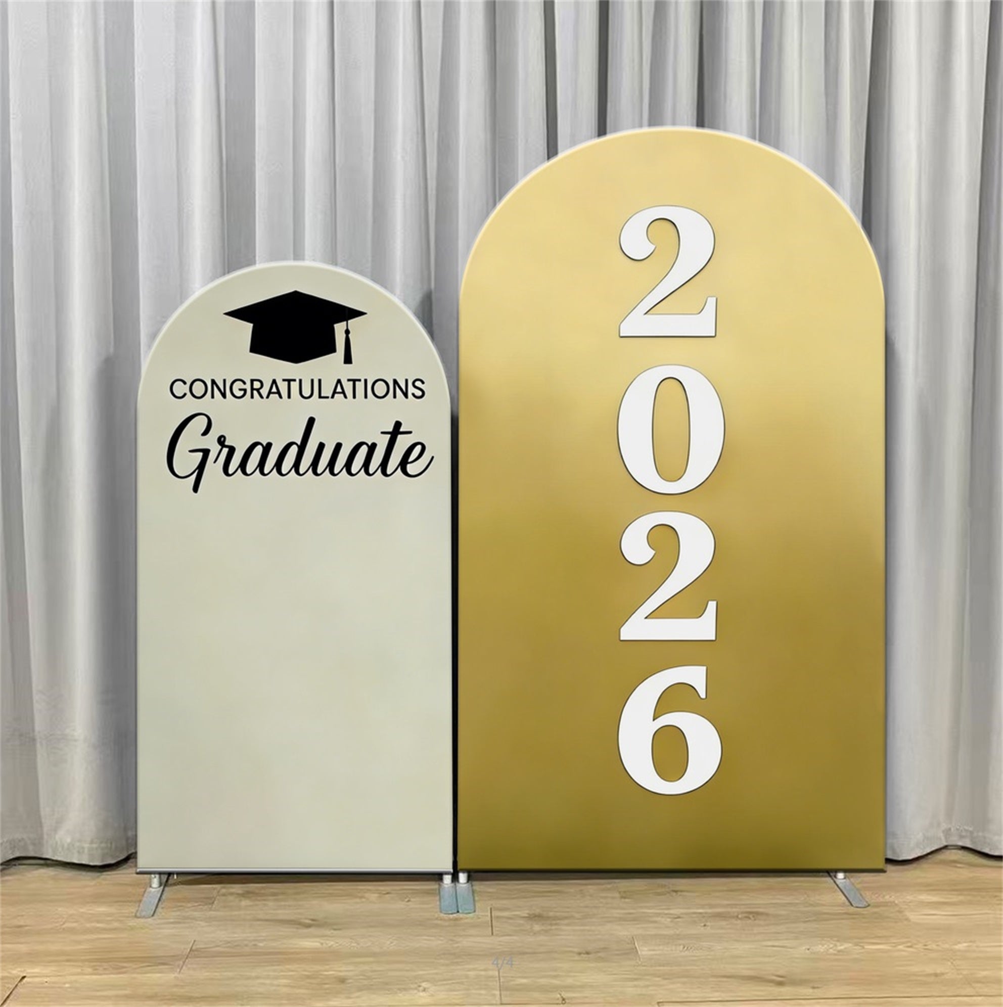 Graduation Backdrop With Name Beige Gold Dual Cap 2026 Personalized Graduation Backdrop LXX64-4